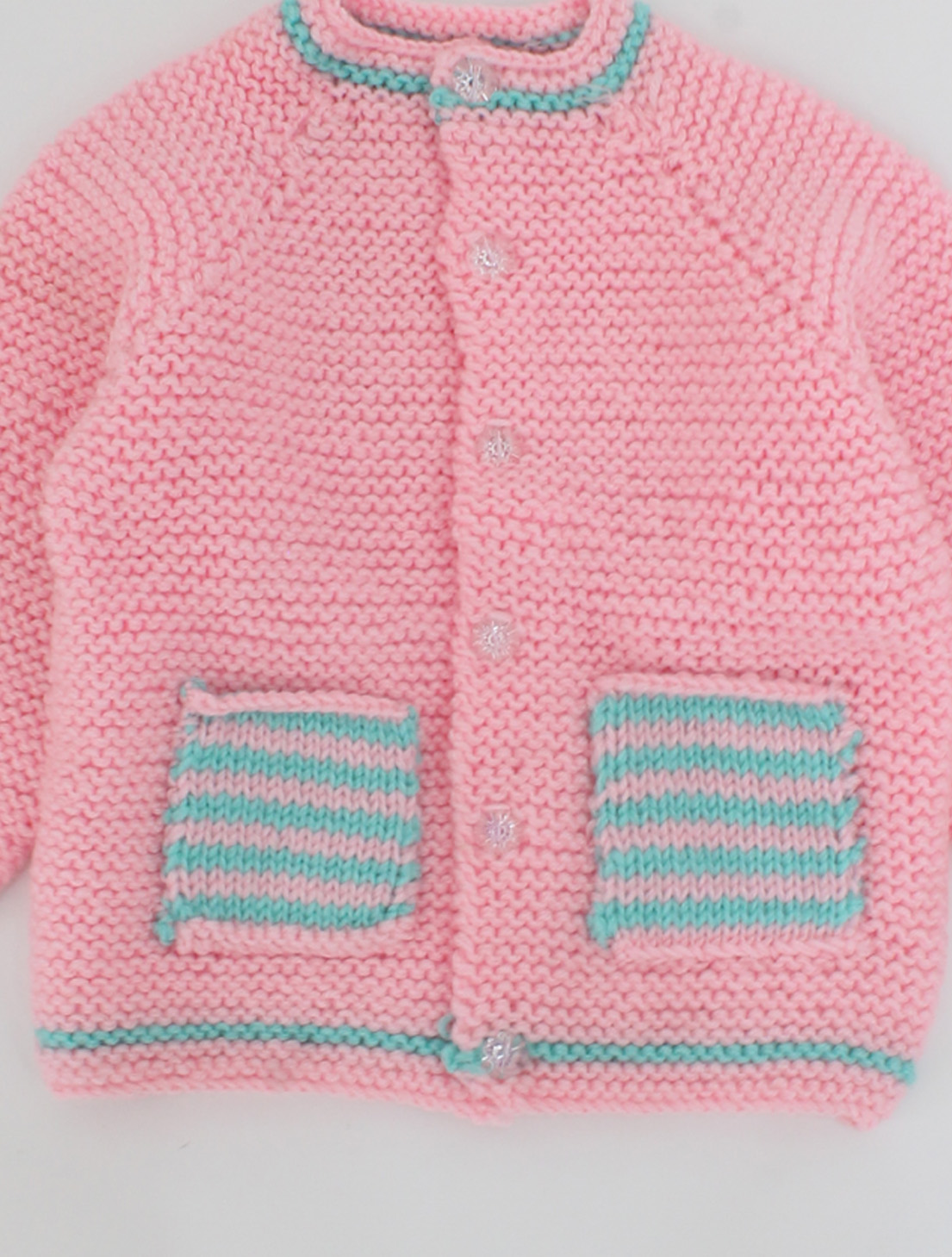 Handmade Full Sleeves Knitted Pocket Detailing Front Openable Sweater-Pink