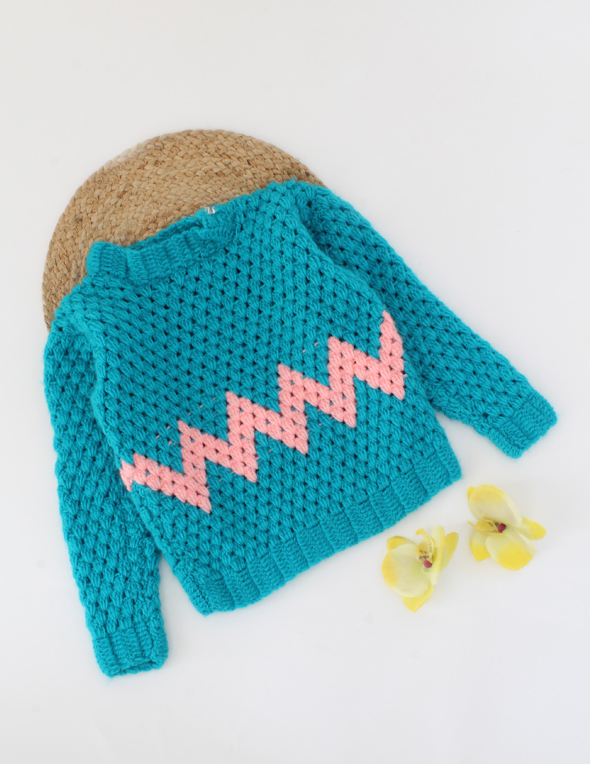 Handmade Full Sleeves Crochet Zigzag Design Sweater- Green