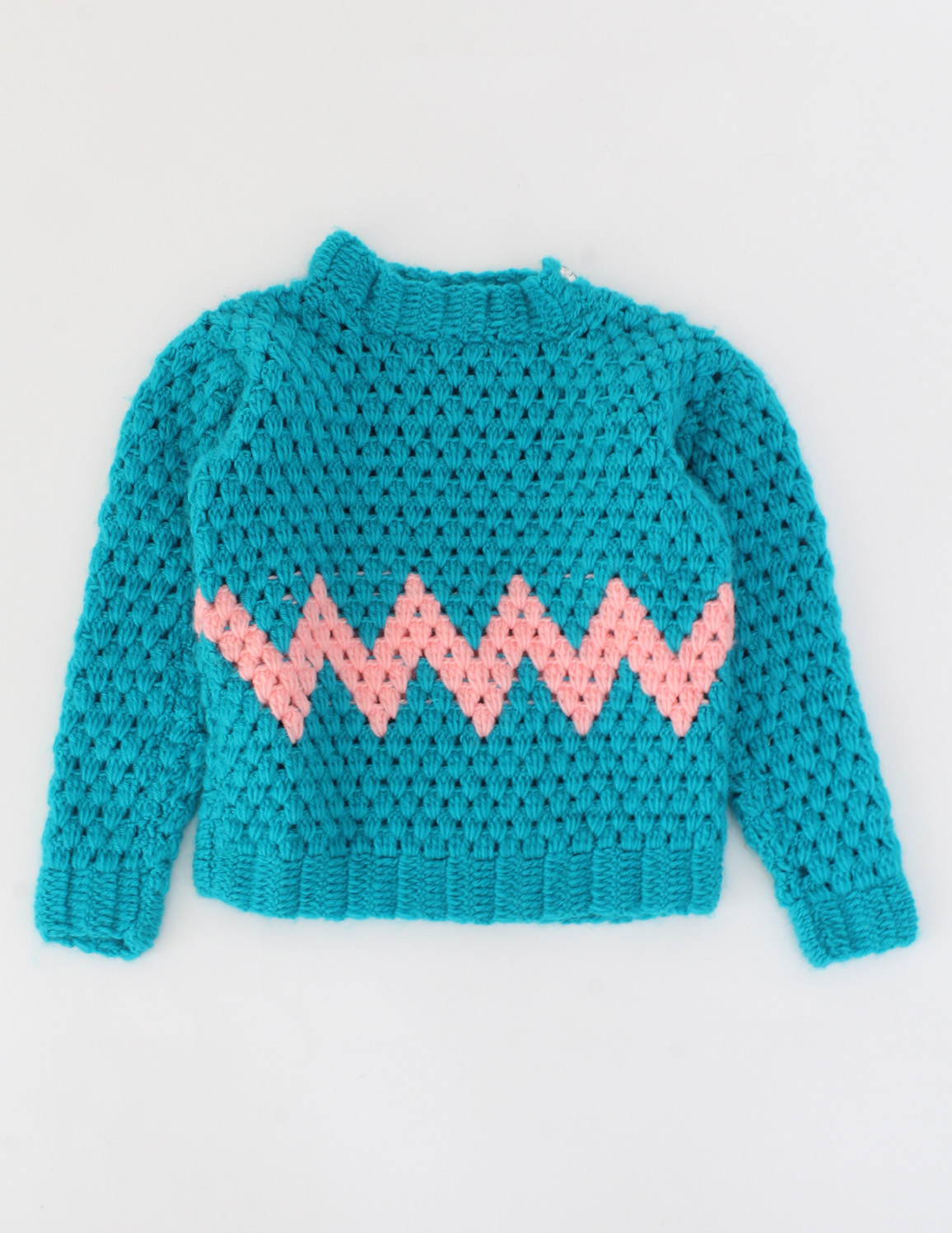 Handmade Full Sleeves Crochet Zigzag Design Sweater- Green