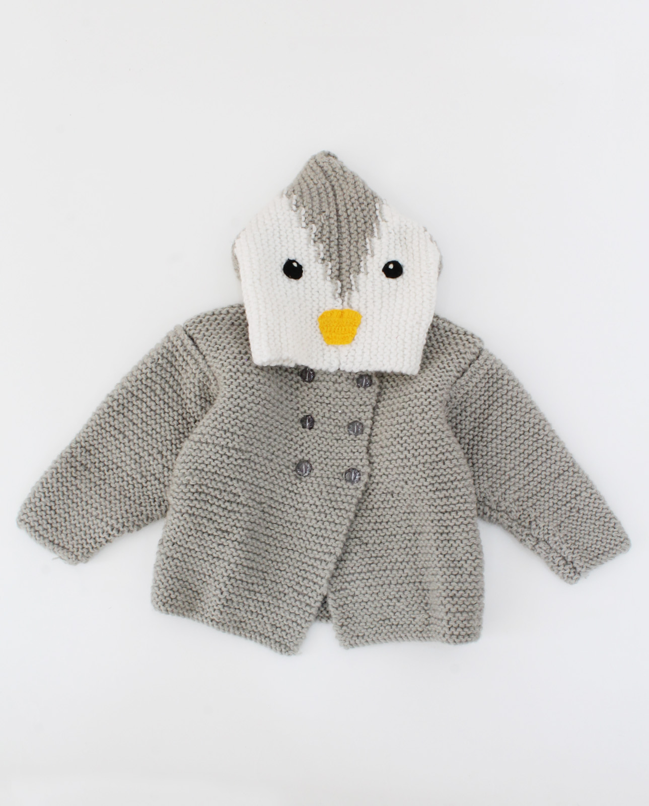 Handmade Full Sleeves Knitted Penguin Design Hooded Cardigan-Grey & White