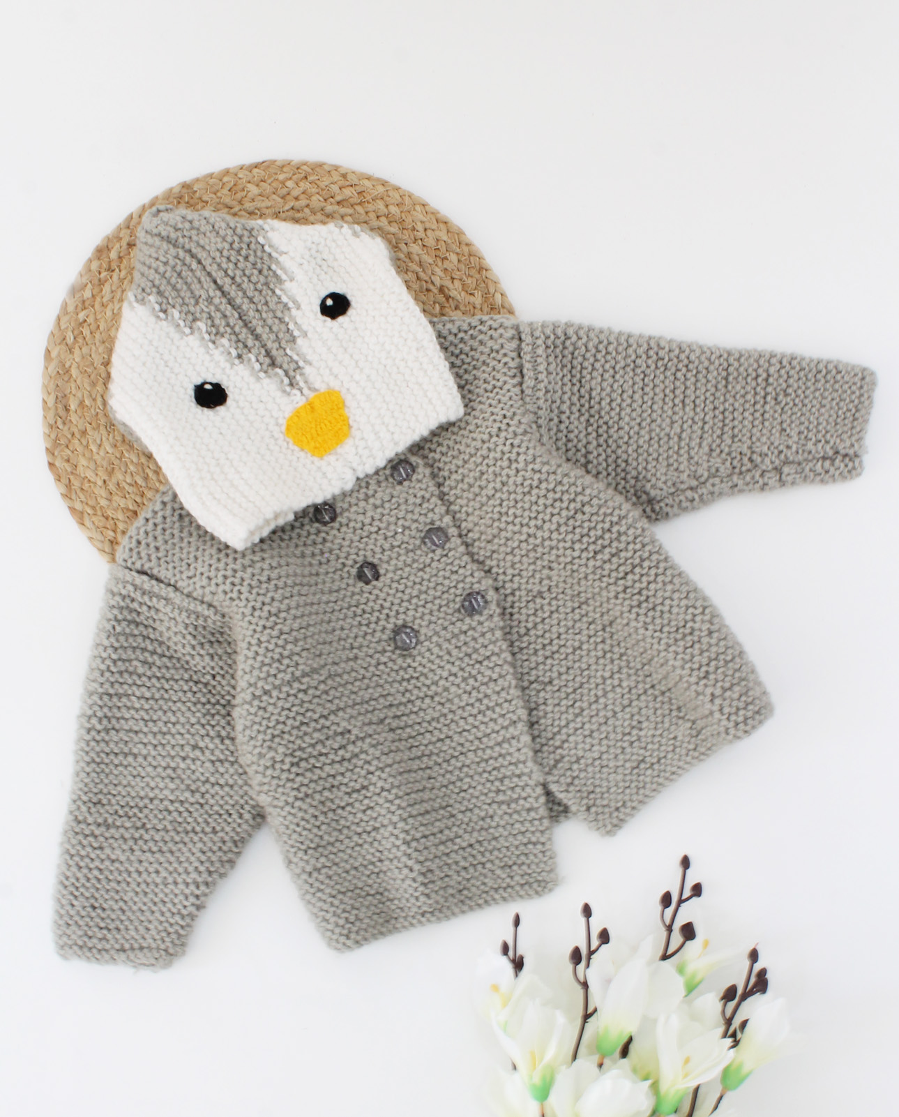 Handmade Full Sleeves Knitted Penguin Design Hooded Cardigan-Grey & White