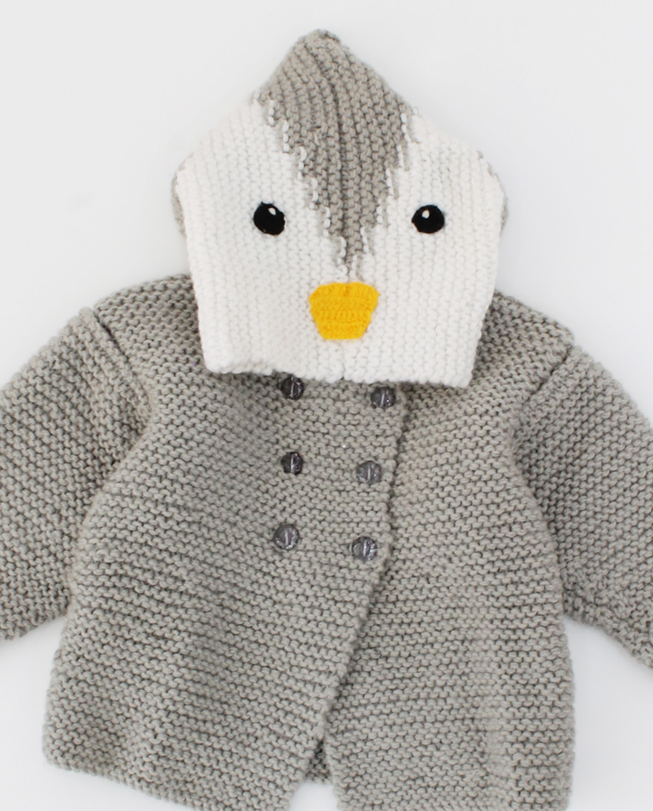 Handmade Full Sleeves Knitted Penguin Design Hooded Cardigan-Grey & White