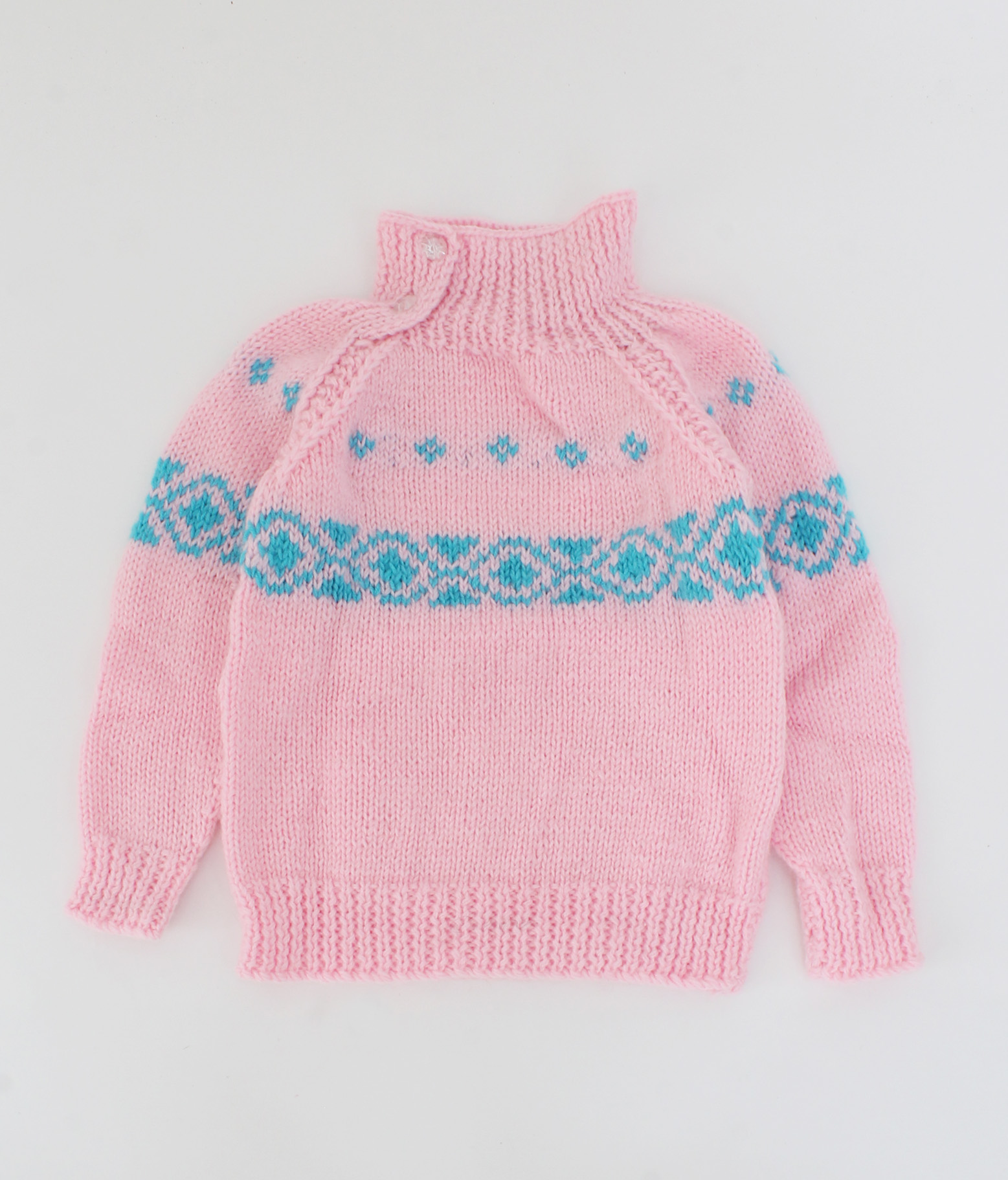 Handmade Full Sleeves Knitted Geomatrical Design Sweater-Pink