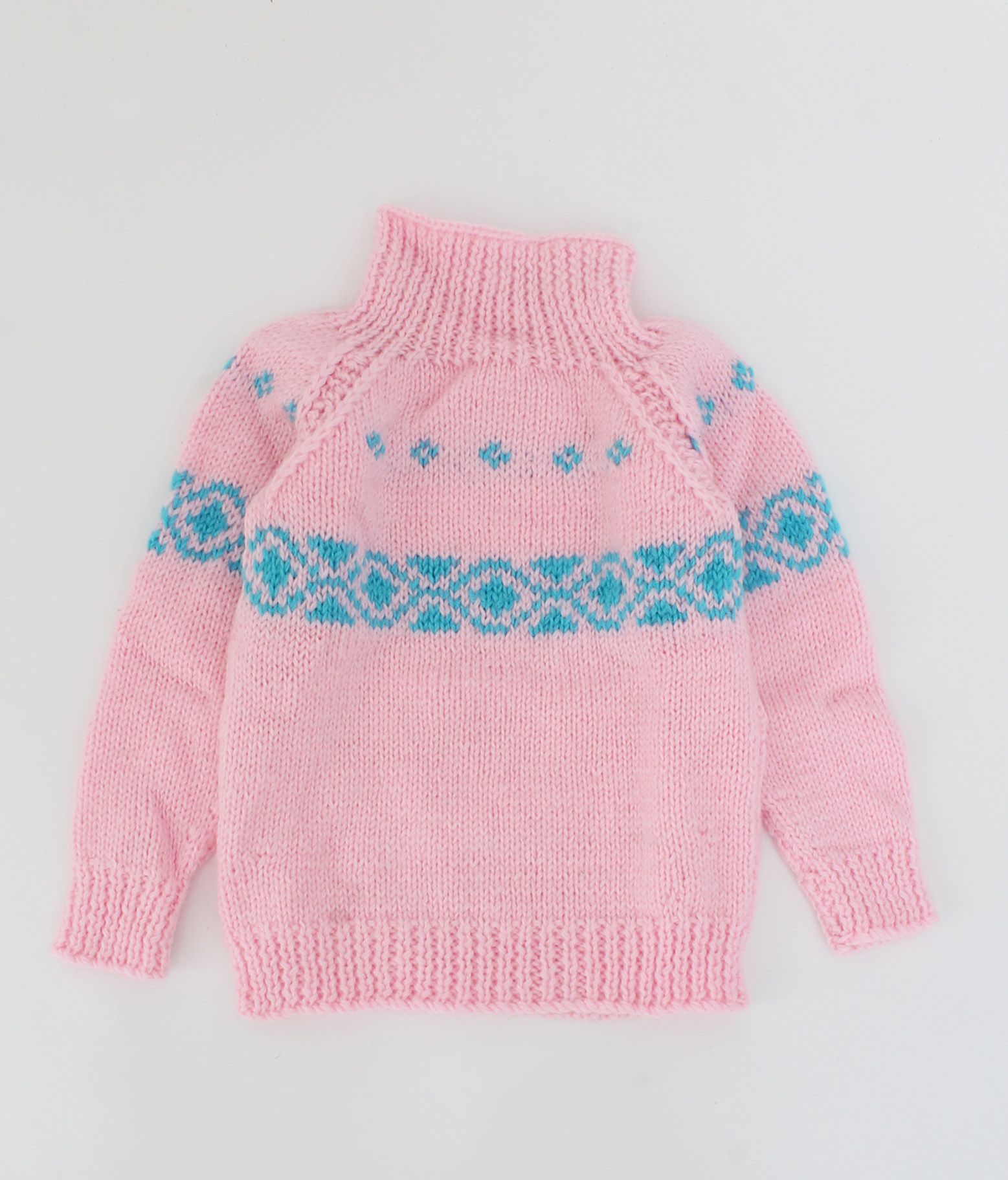 Handmade Full Sleeves Knitted Geomatrical Design Sweater-Pink