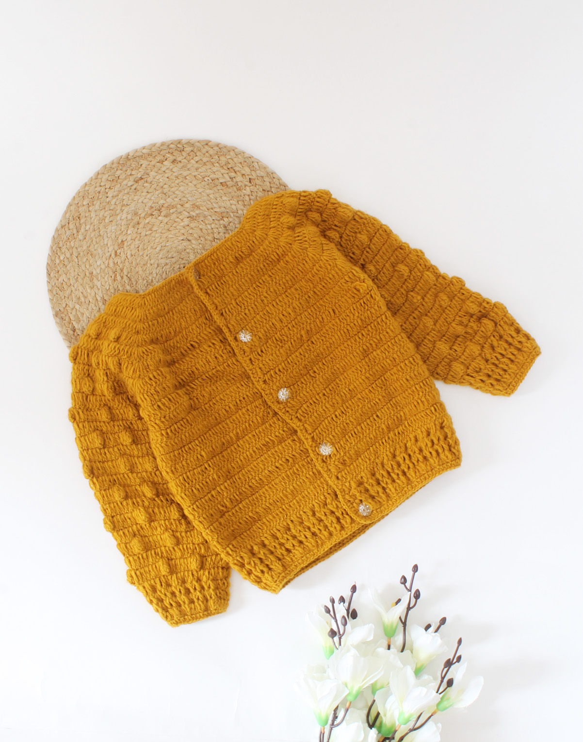 Woonie Handmade Crochet Self Design Sweater With Bubbles Sleeves-Brown