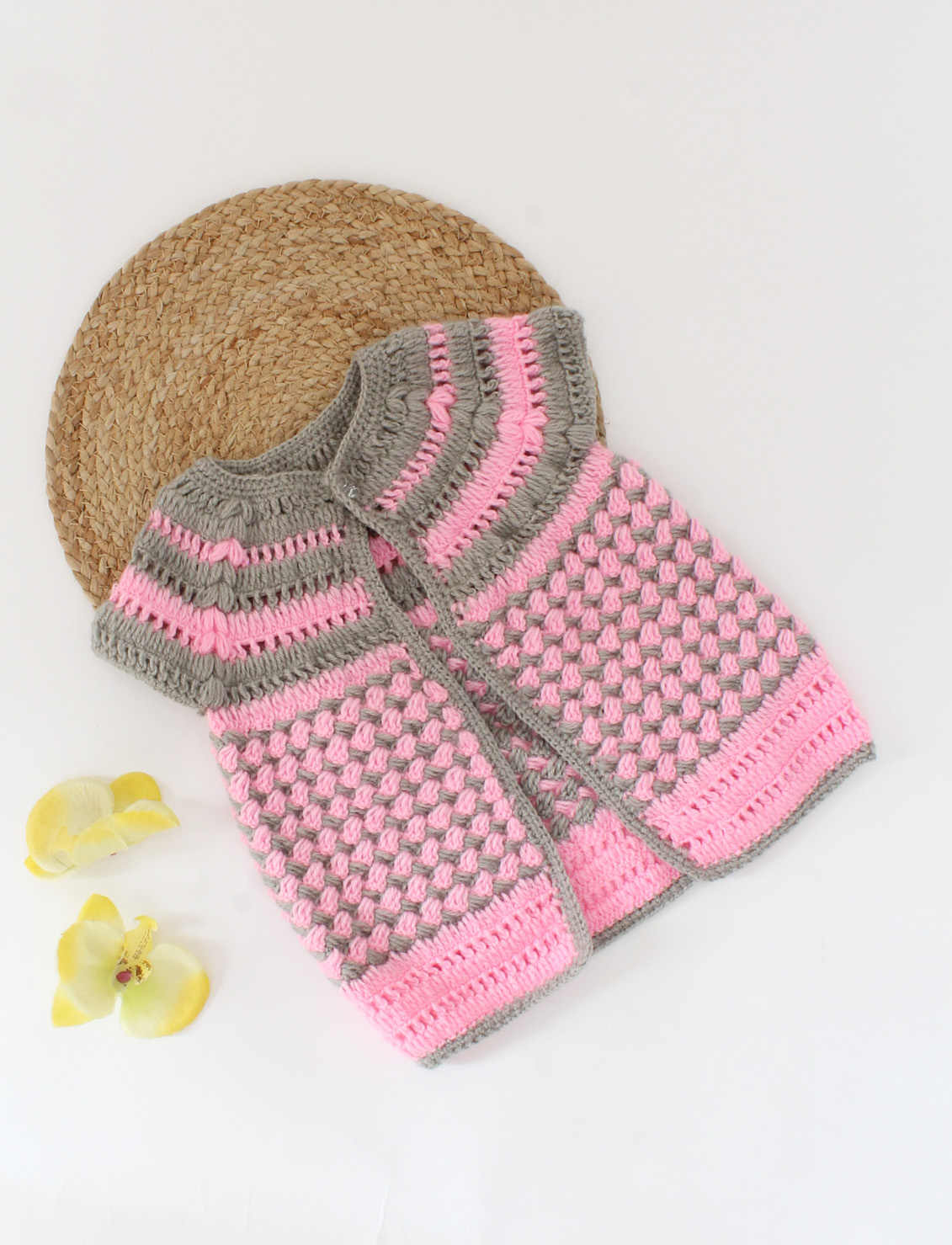 Woonie Handmade Crochet Full Sleeves Dual Colour Sweater-Pink