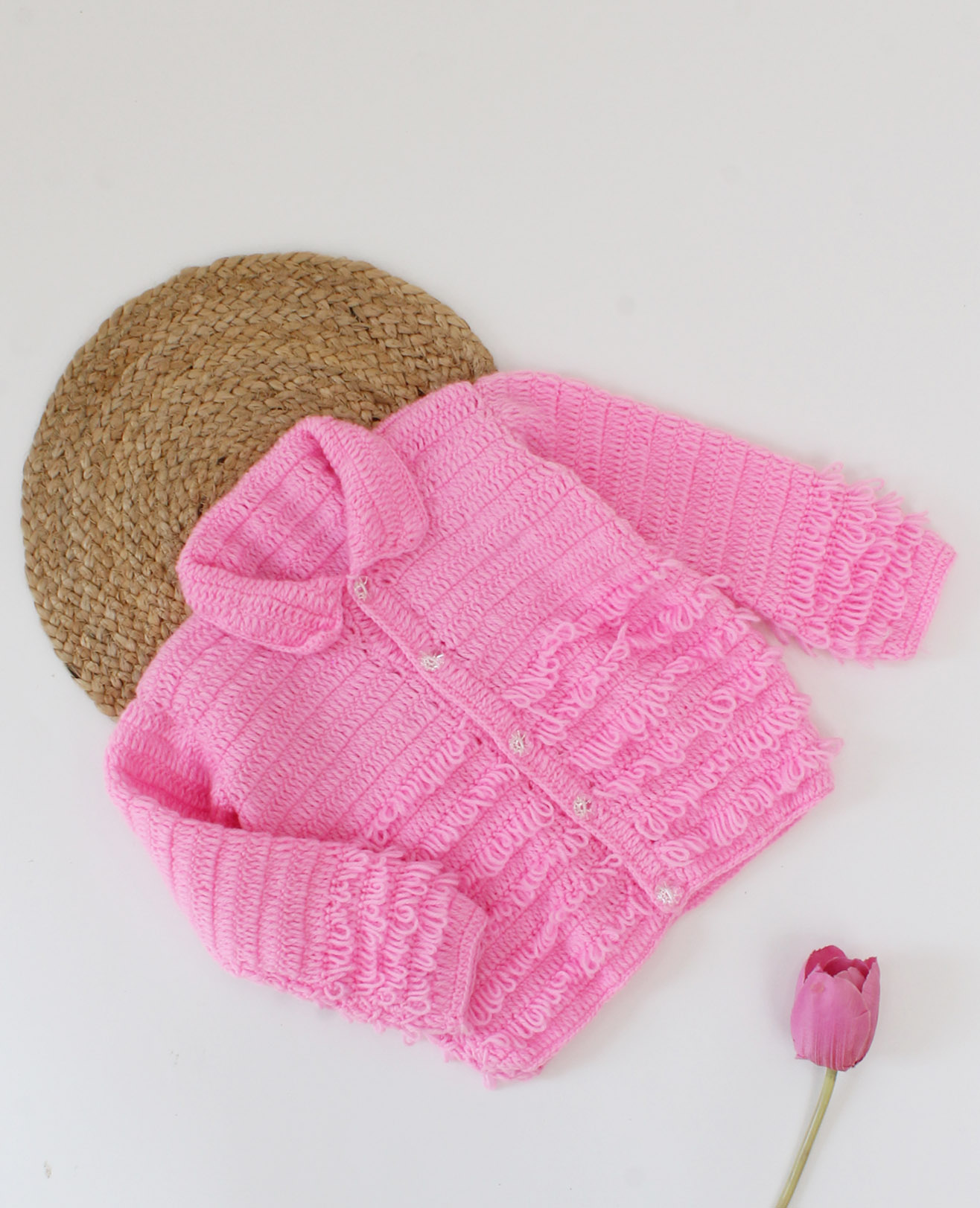 Woonie Handmade Full Sleeves Loop Pattern Sweater-Pink