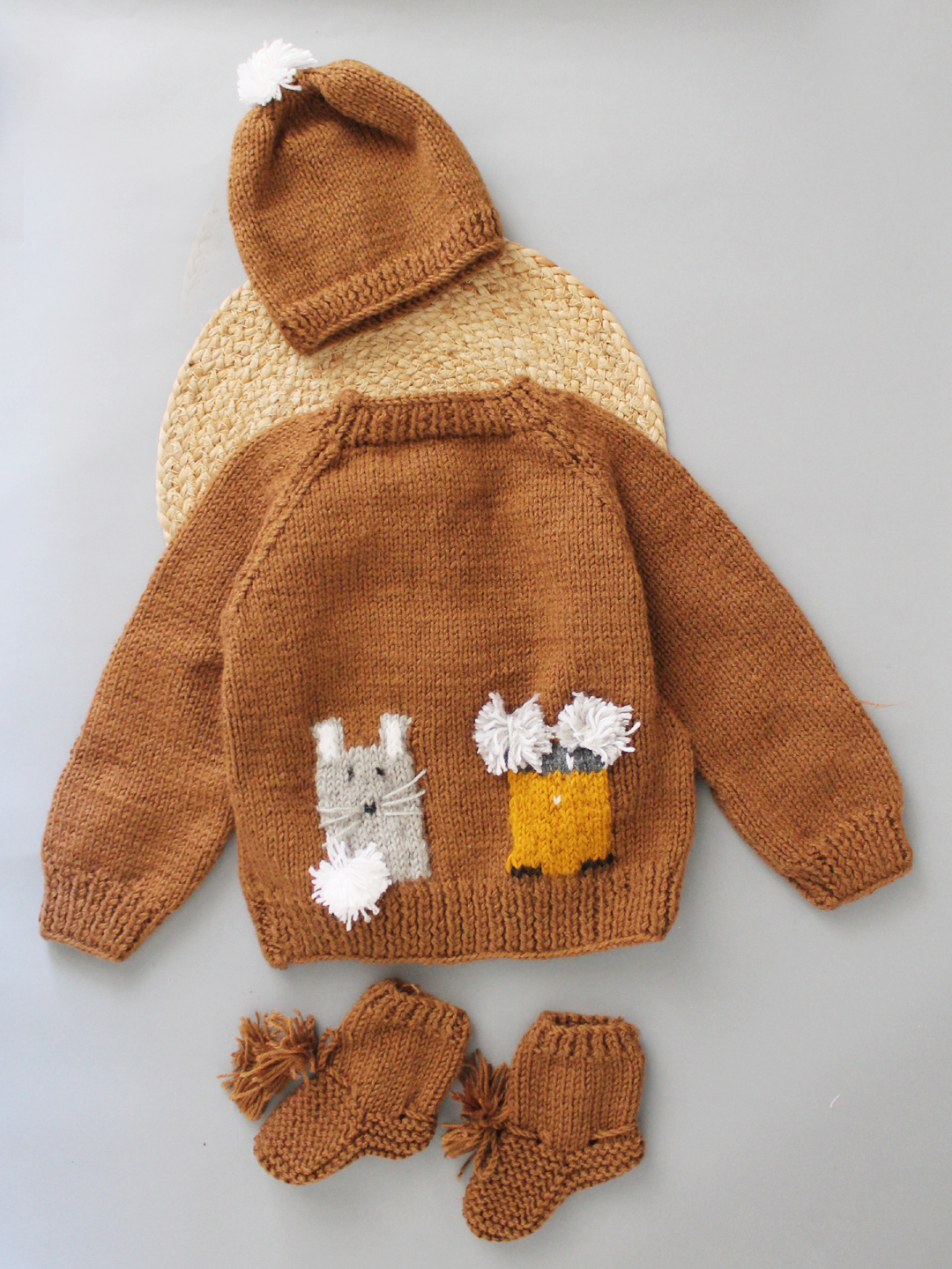 Woonie Handknitted Character Sweater with Cap- Brown
