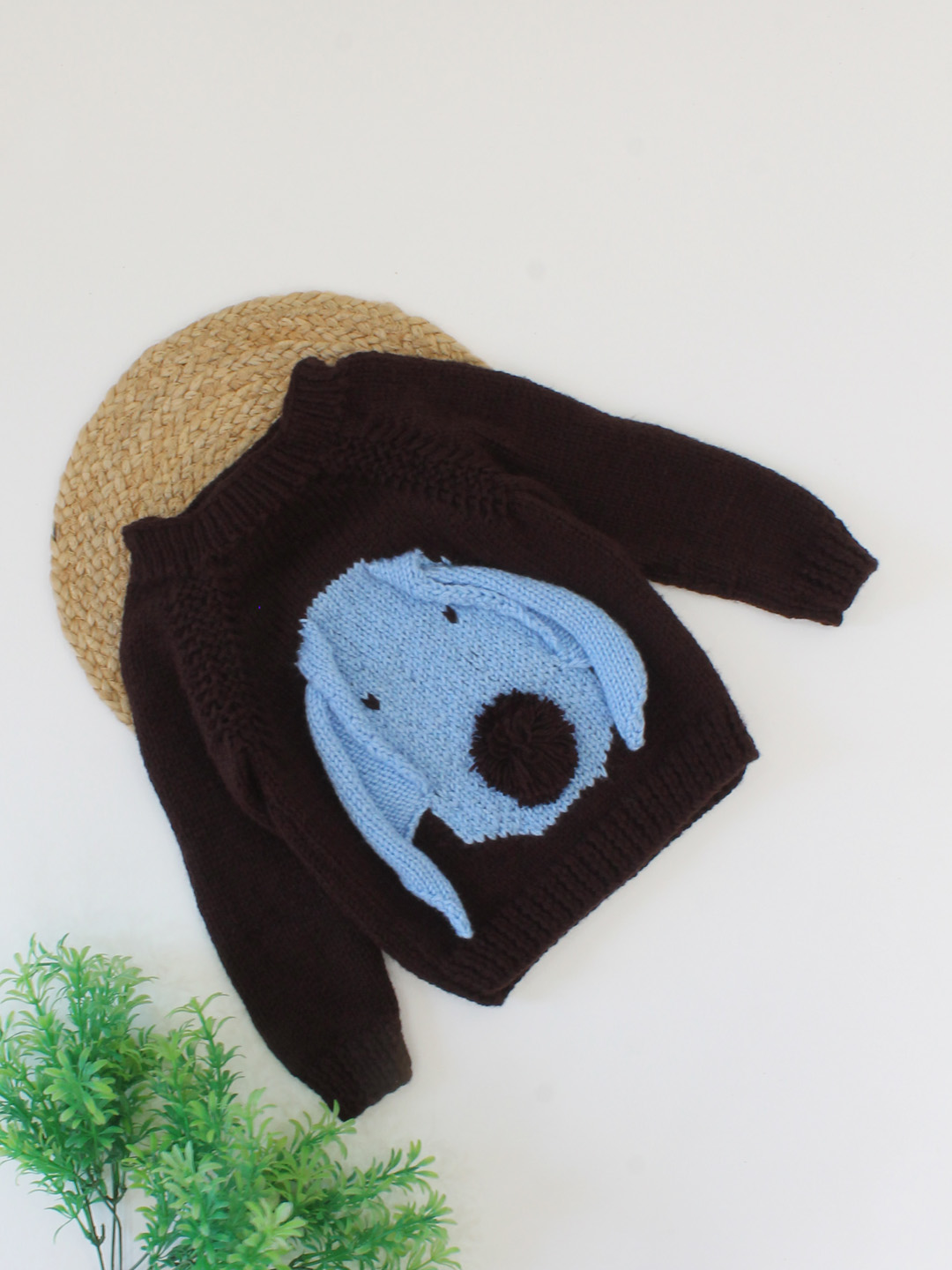 Woonie Handmade Dog Face Detailing Knitted Sweater With Reglan Sleeves-Dark Brown