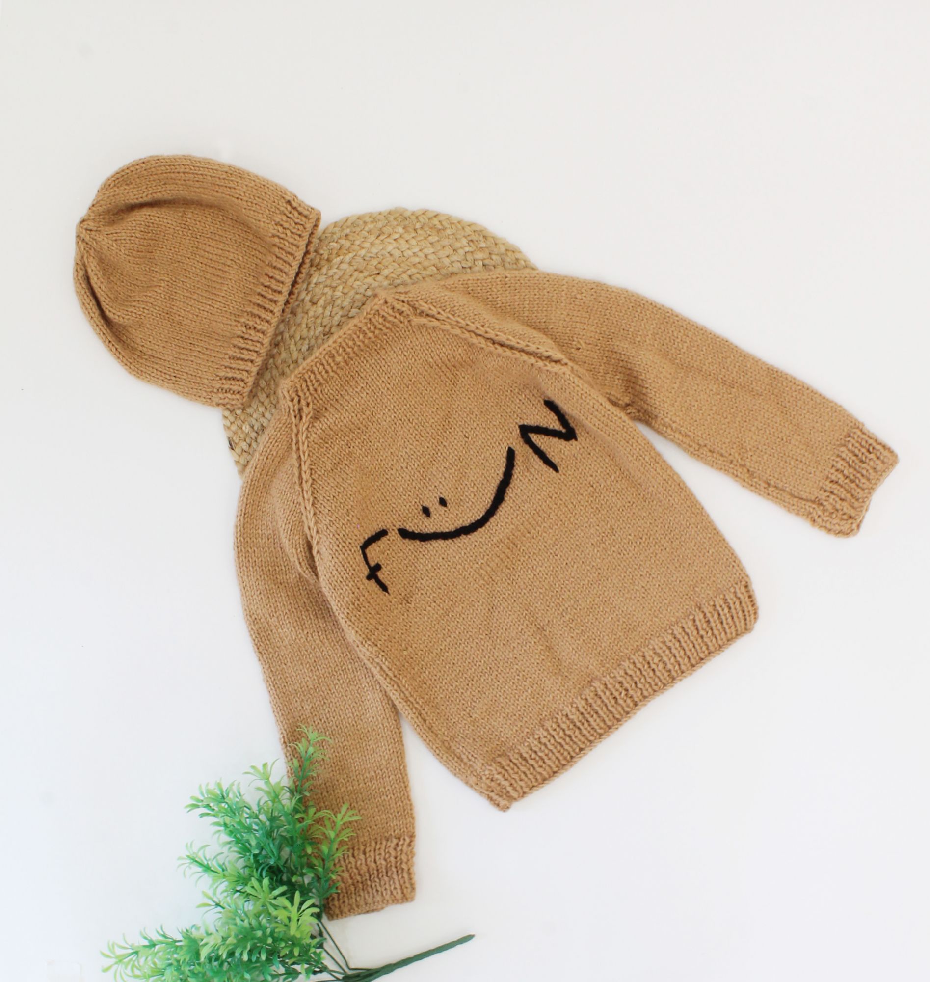 Woonie Handmade Full Sleeves Fun Knitted Sweater With Cap-Beige