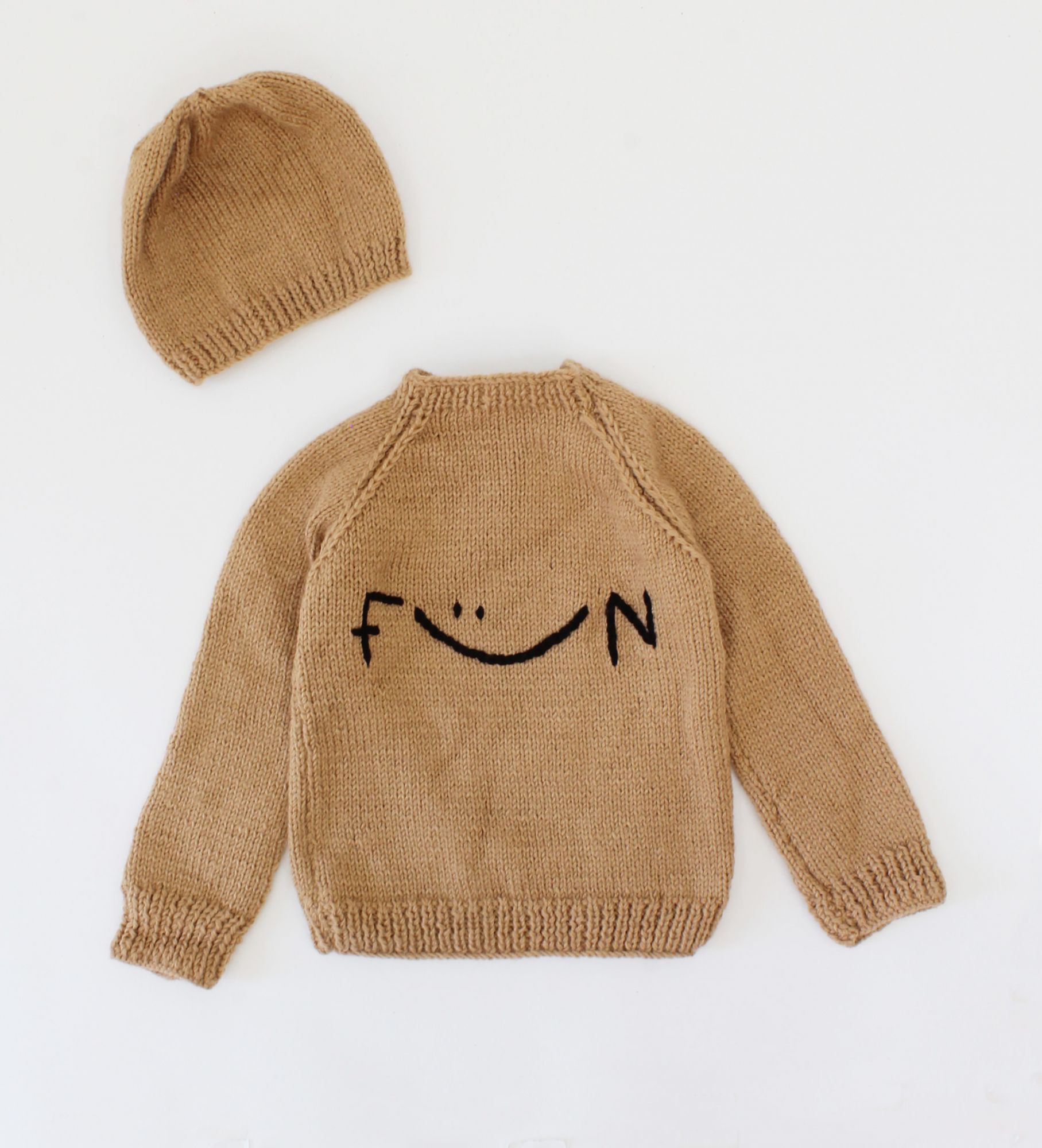 Woonie Handmade Full Sleeves Fun Knitted Sweater With Cap-Beige