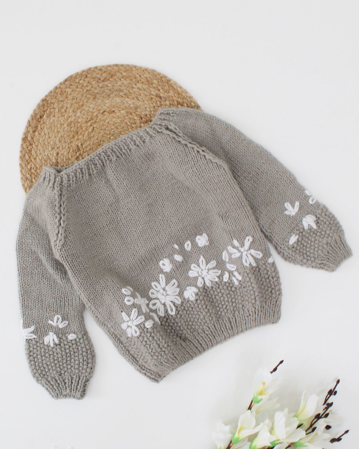 Woonie Full Sleeves Handmade Embroidered Sweater - Grey