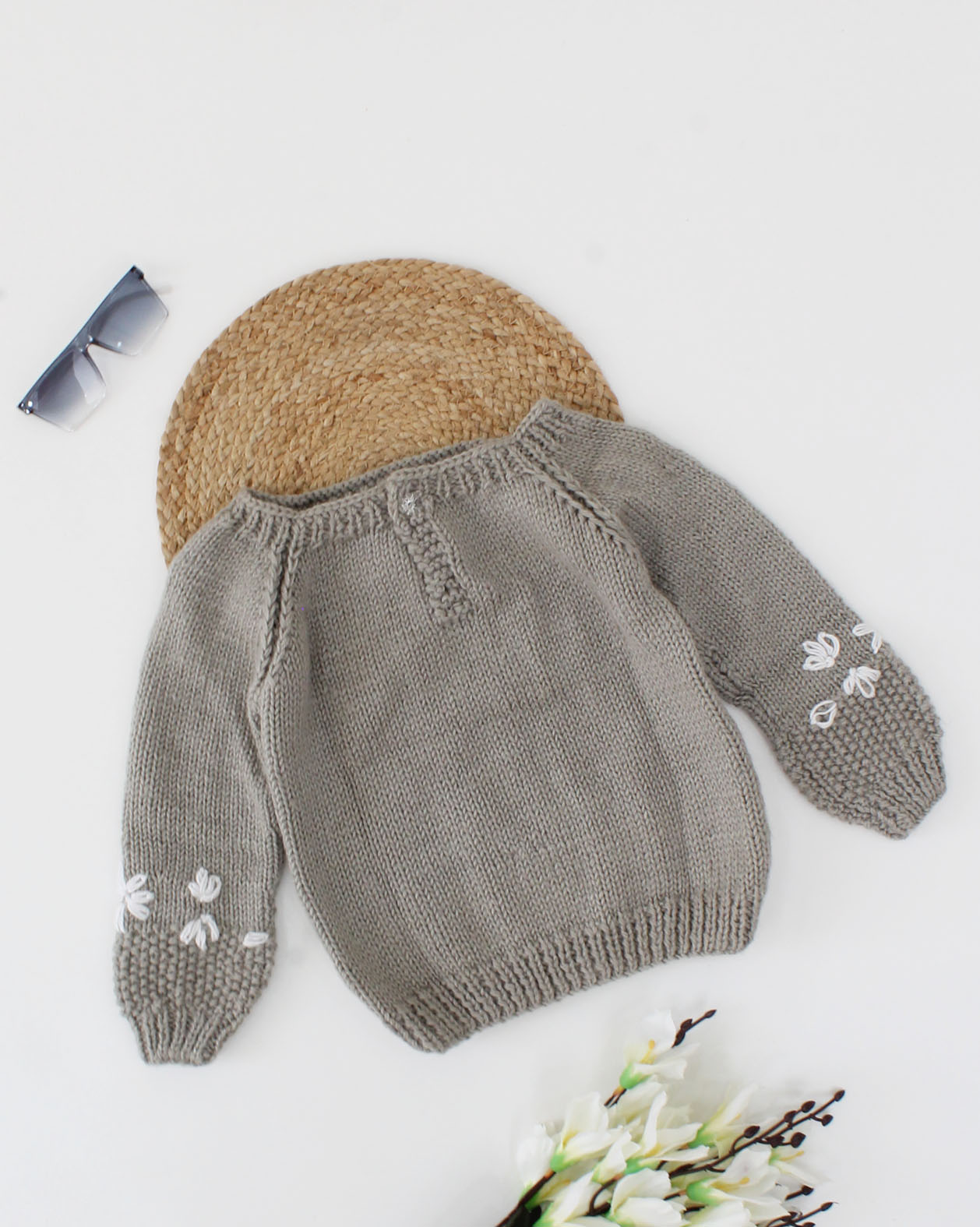 Woonie Full Sleeves Handmade Embroidered Sweater - Grey