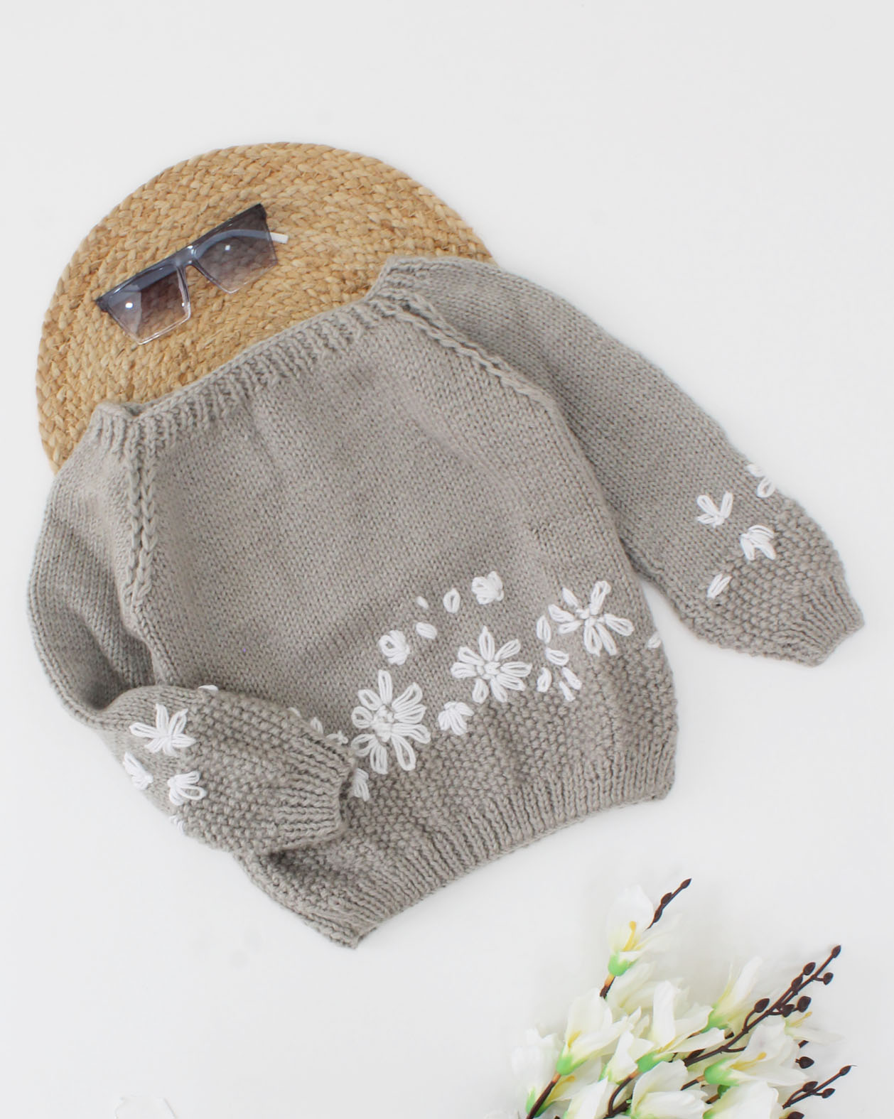 Woonie Full Sleeves Handmade Embroidered Sweater - Grey