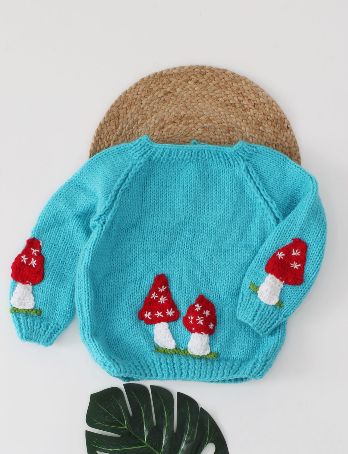 Woonie Full Raglan Sleeves Handmade Mushroom Applique Sweater - Blue