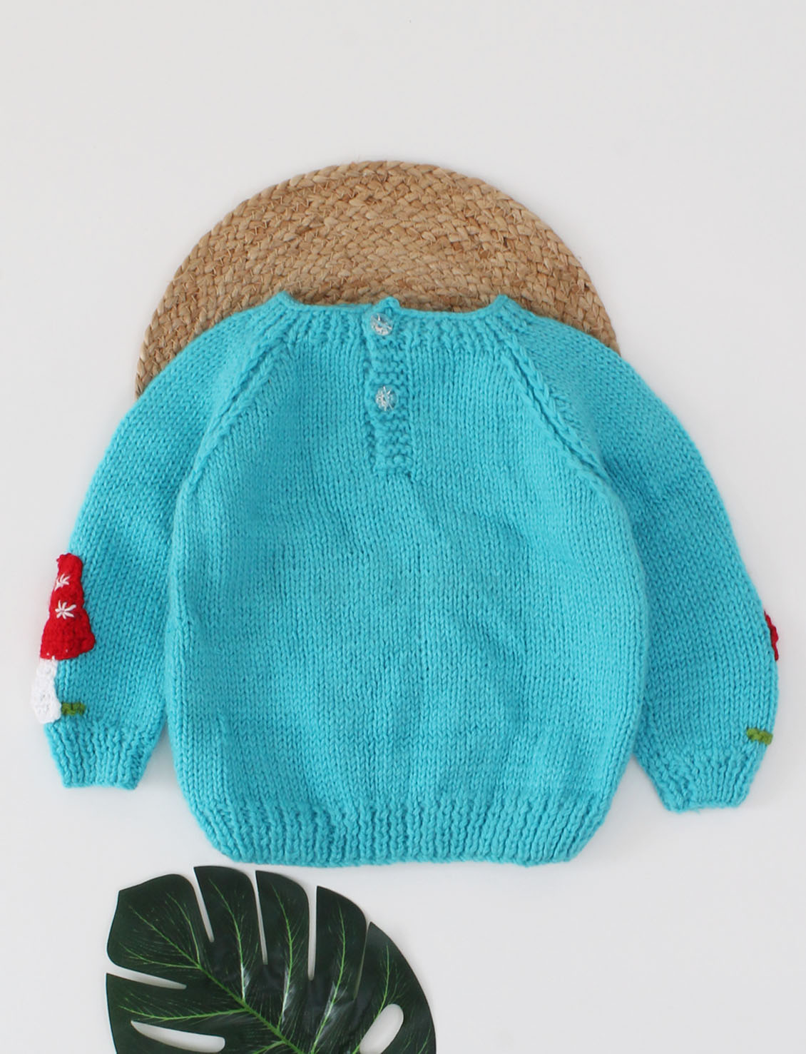 Woonie Full Raglan Sleeves Handmade Mushroom Applique Sweater - Blue