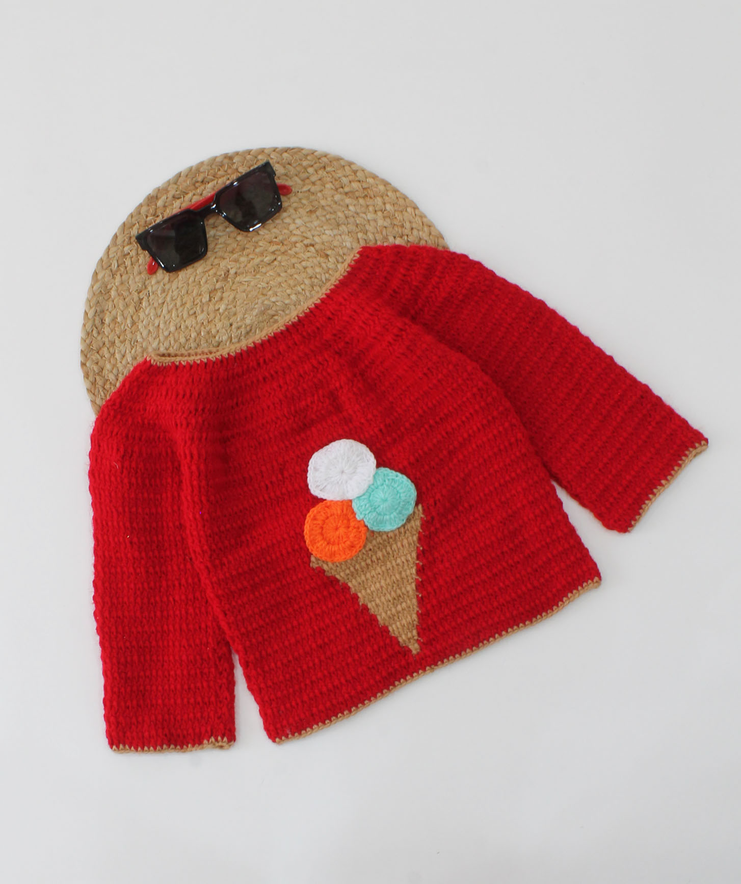 Woonie Handmade Full Sleeves Ice-cream Design Sweater-Red