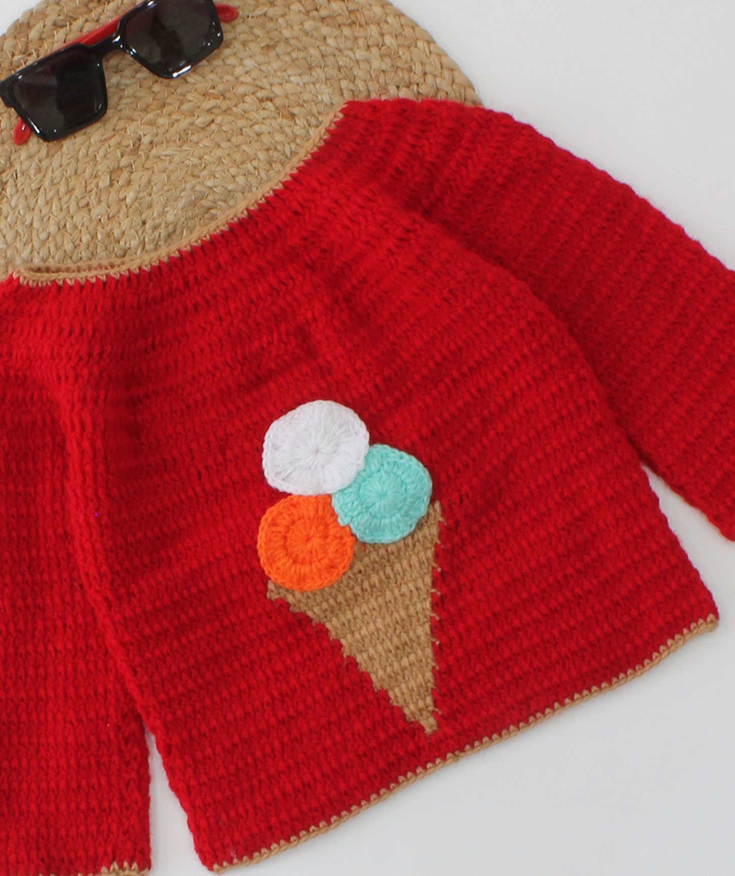 Woonie Handmade Full Sleeves Ice-cream Design Sweater-Red