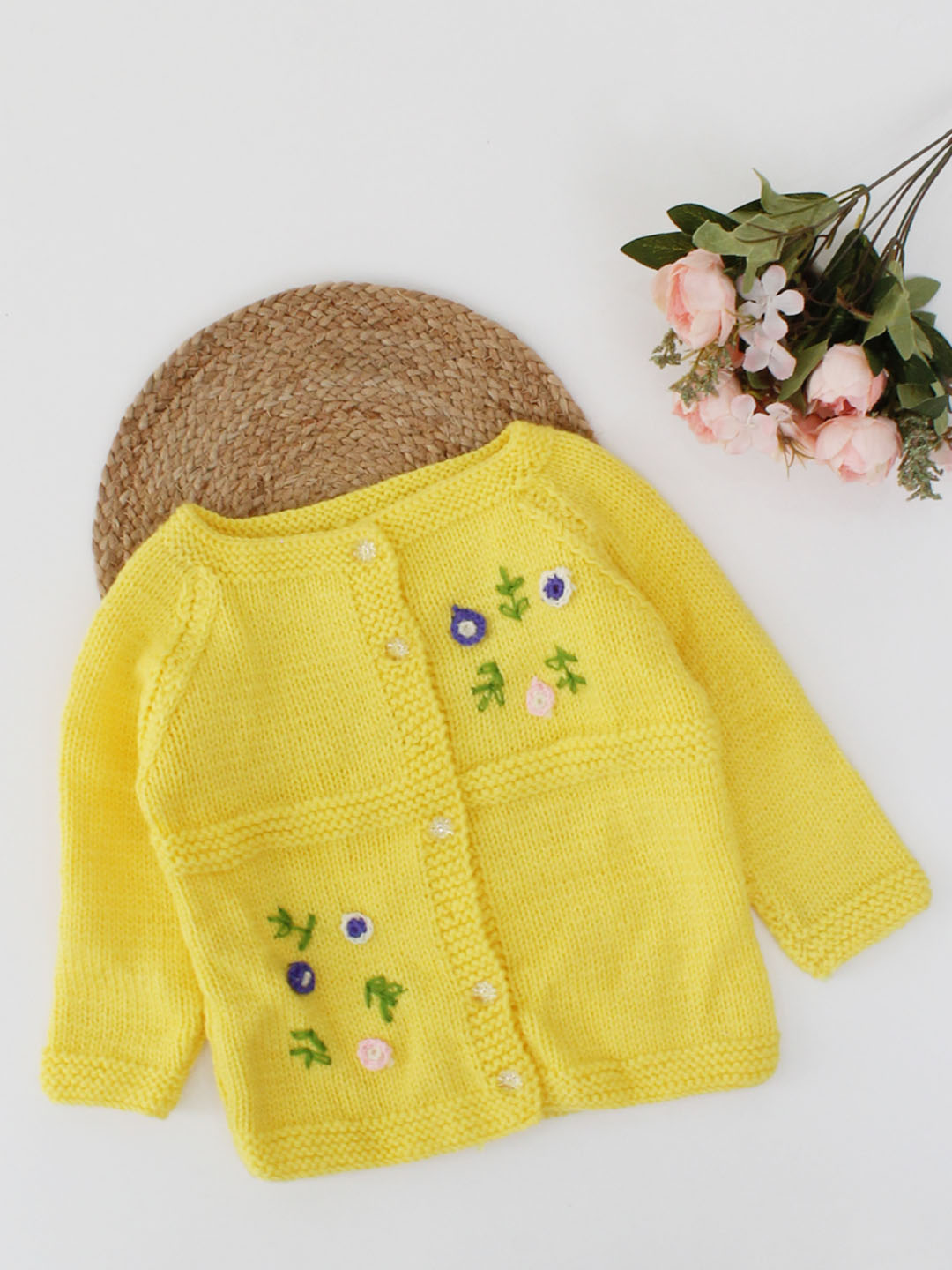 Woonie Handmade Full Sleeves Self Design Embroidered Sweater-Yellow