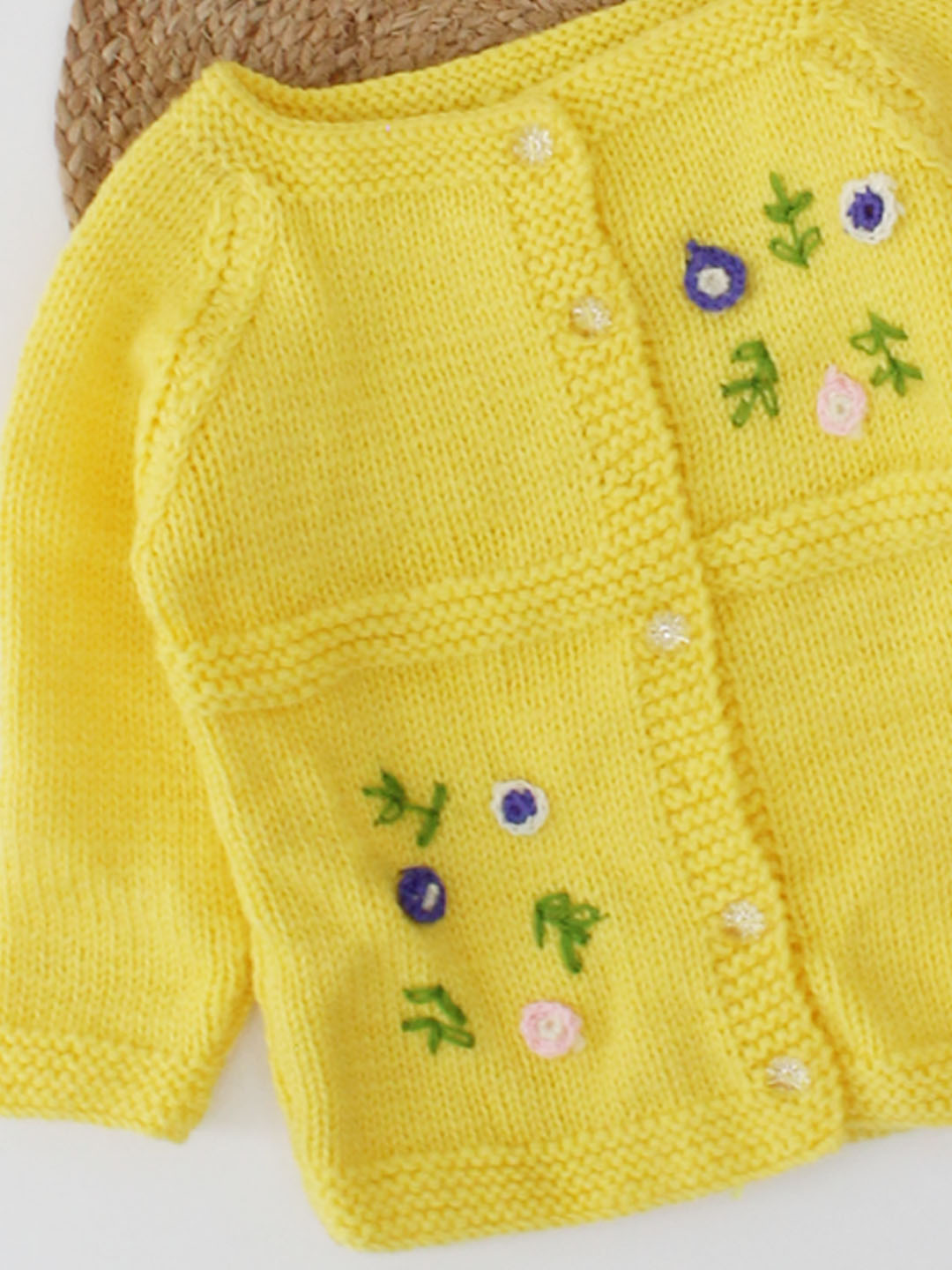 Woonie Handmade Full Sleeves Self Design Embroidered Sweater-Yellow