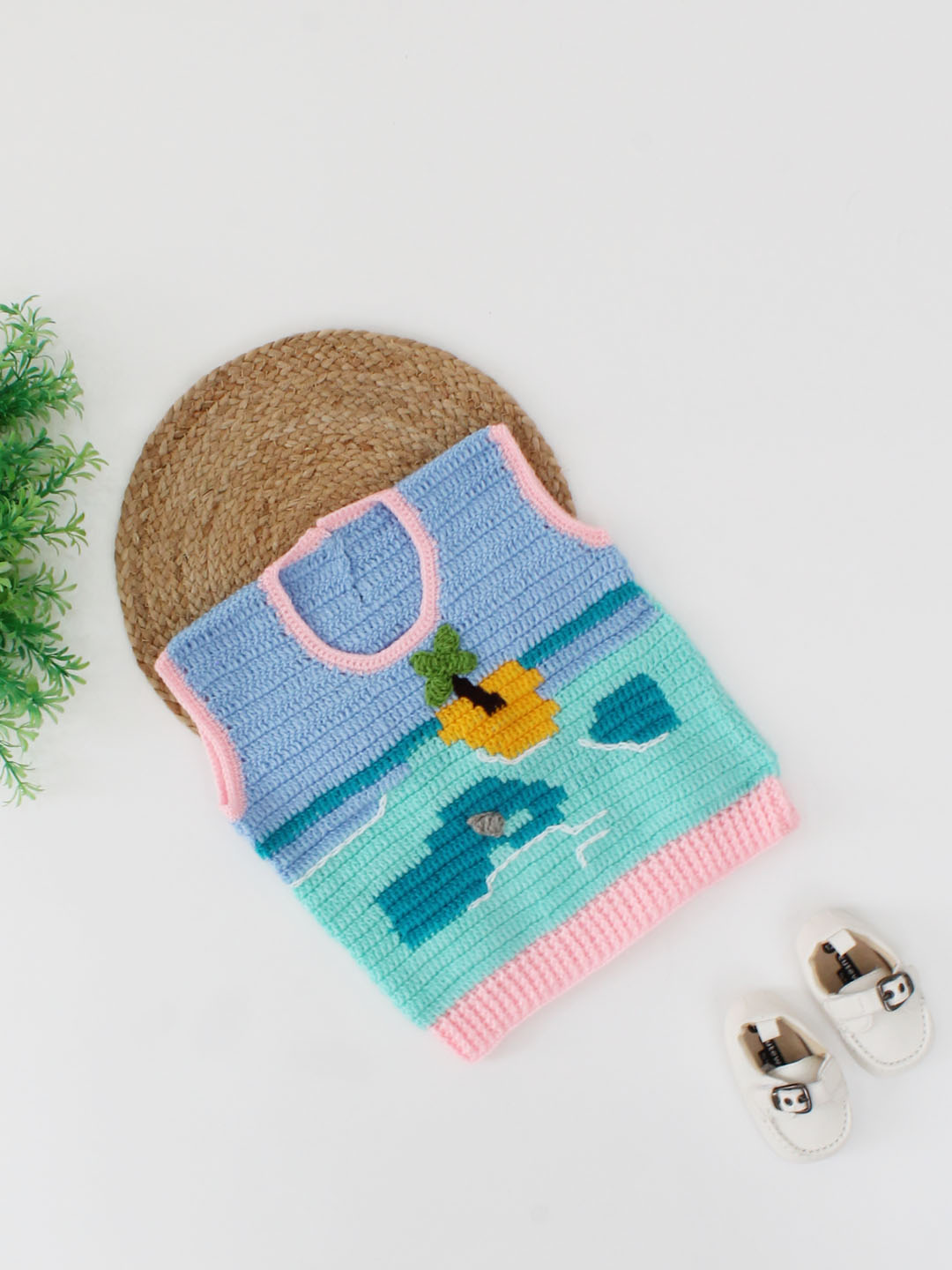 Woonie Sleeveless Handmade Ocean Theme Sweater - Blue