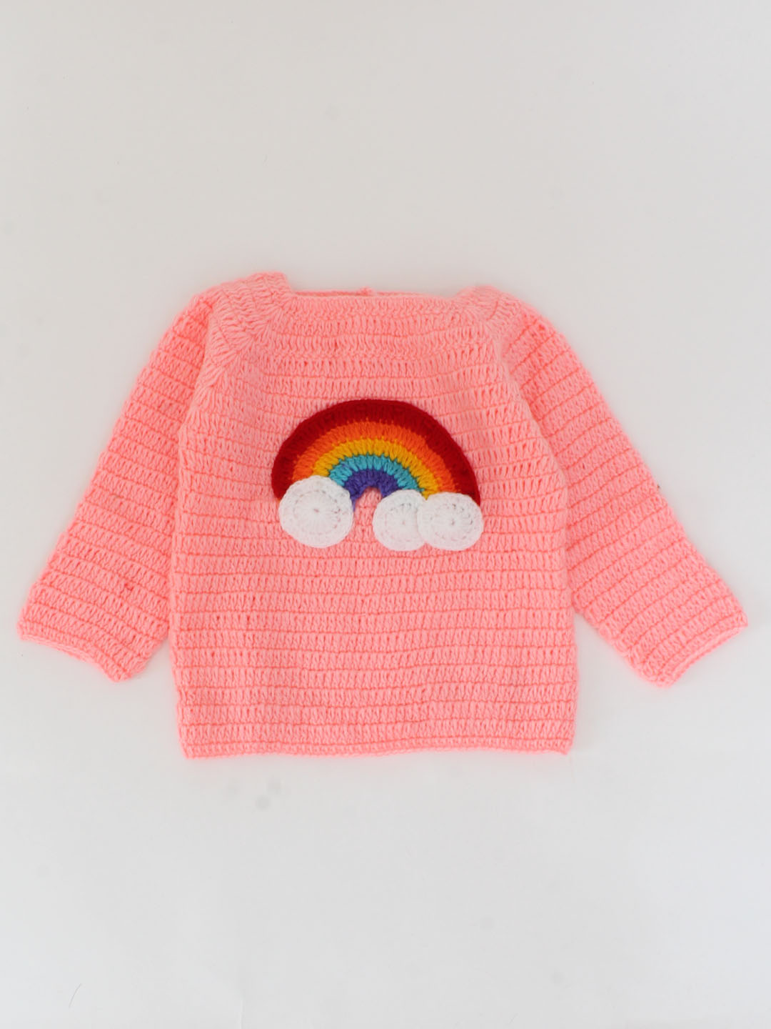 Woonie Full Sleeves Handmade Rainbow Detailing Sweater - Peach