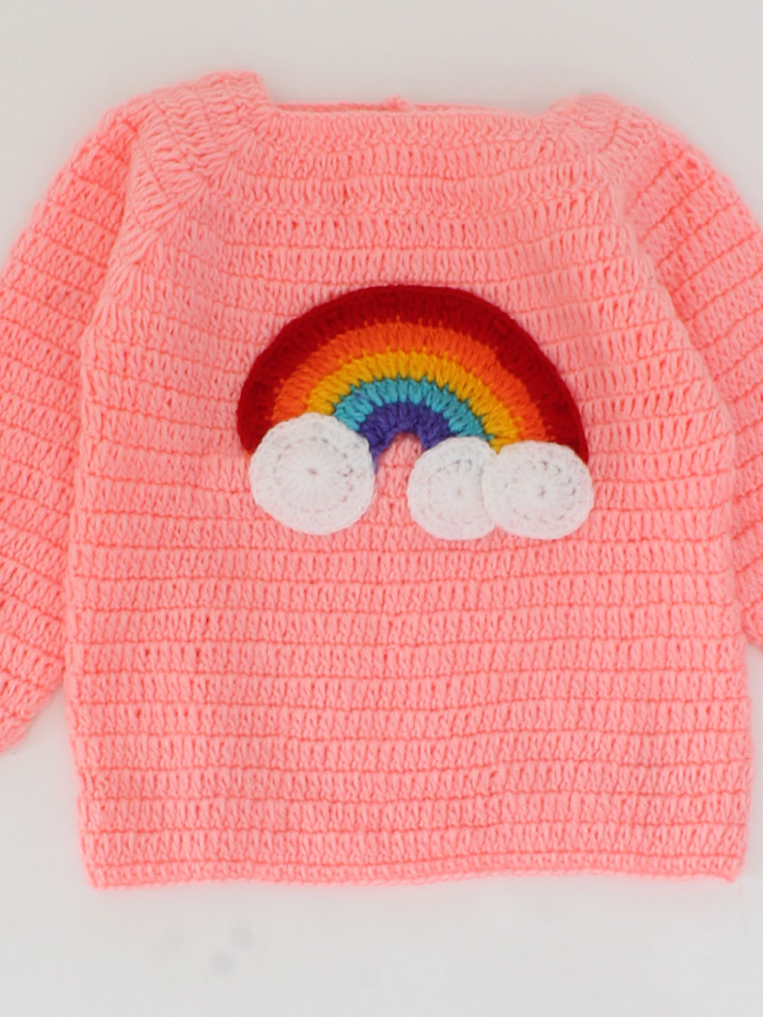 Woonie Full Sleeves Handmade Rainbow Detailing Sweater - Peach