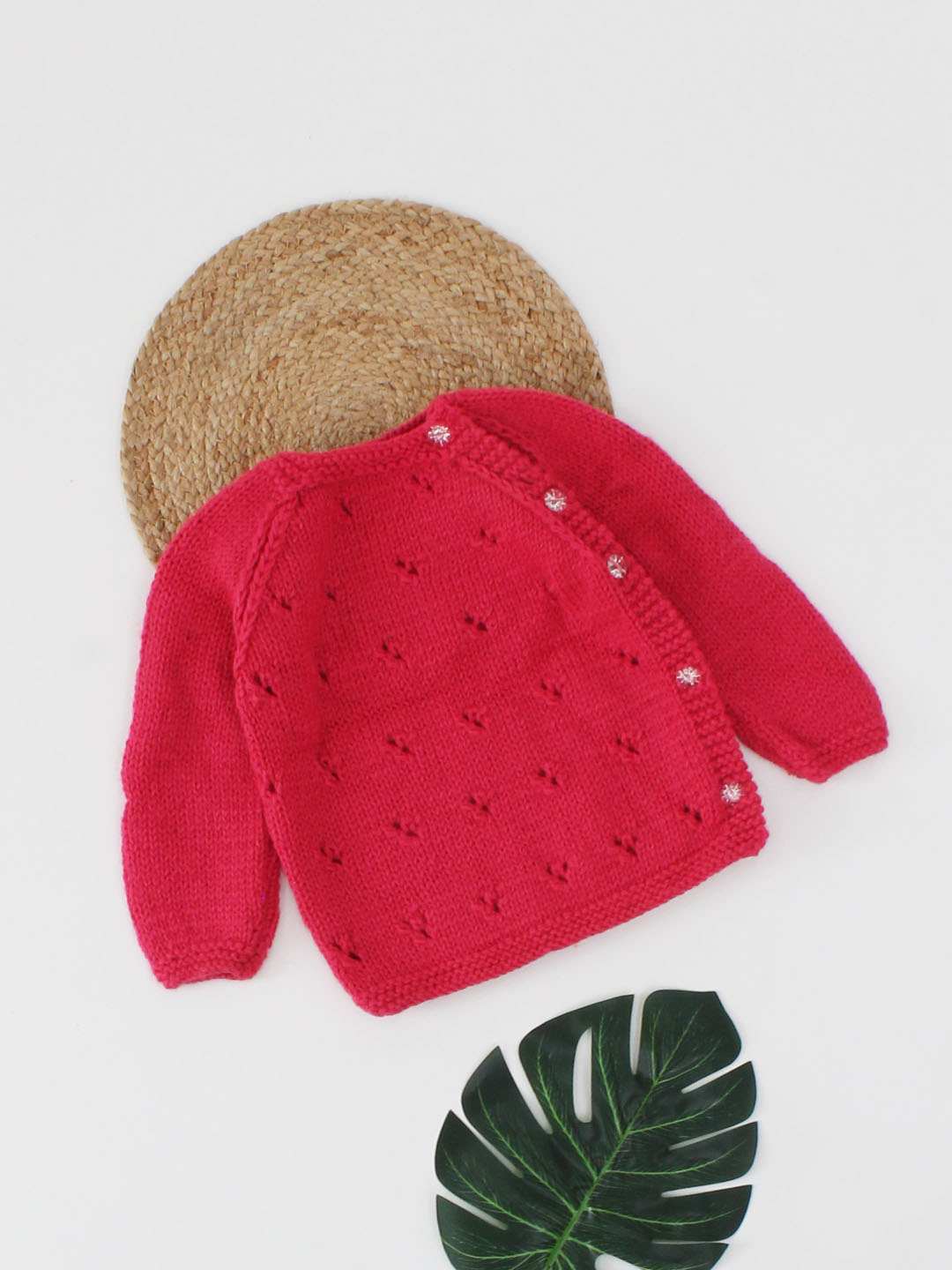 Woonie Handmade Full Sleeves Self Design Side Buttoned Sweater-Dark Pink