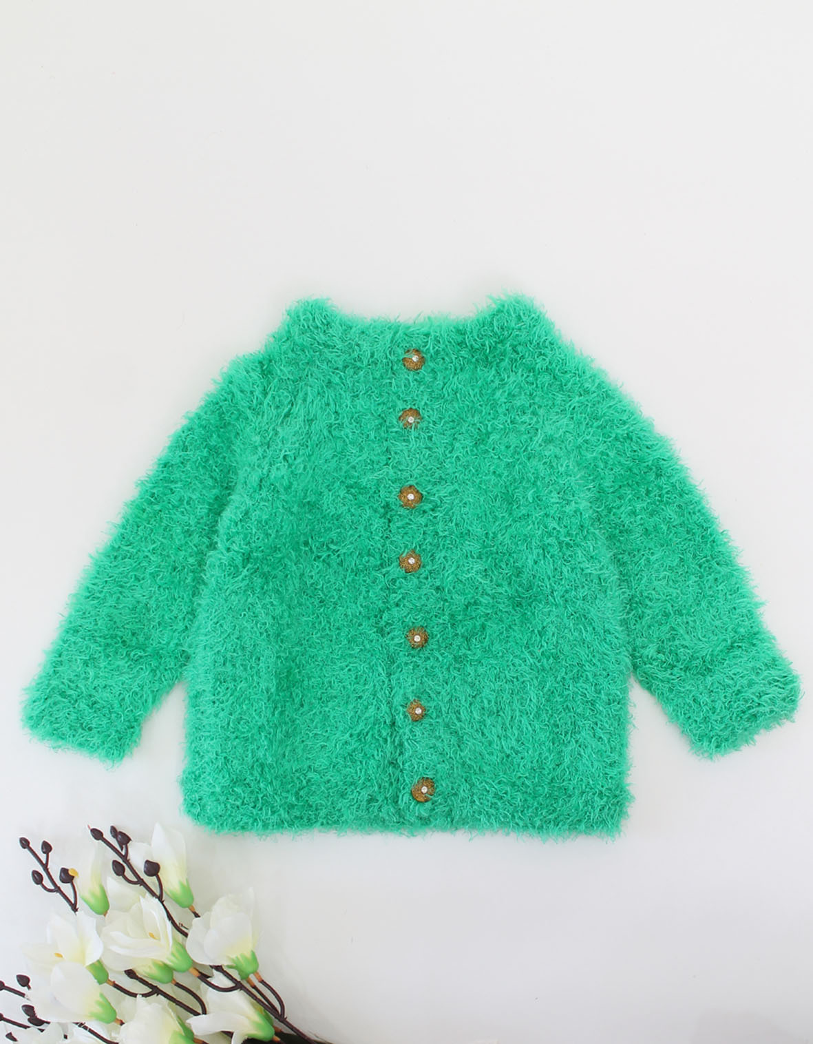 Woonie Full Sleeves Handmade Feather Front openable Cardigan-Green