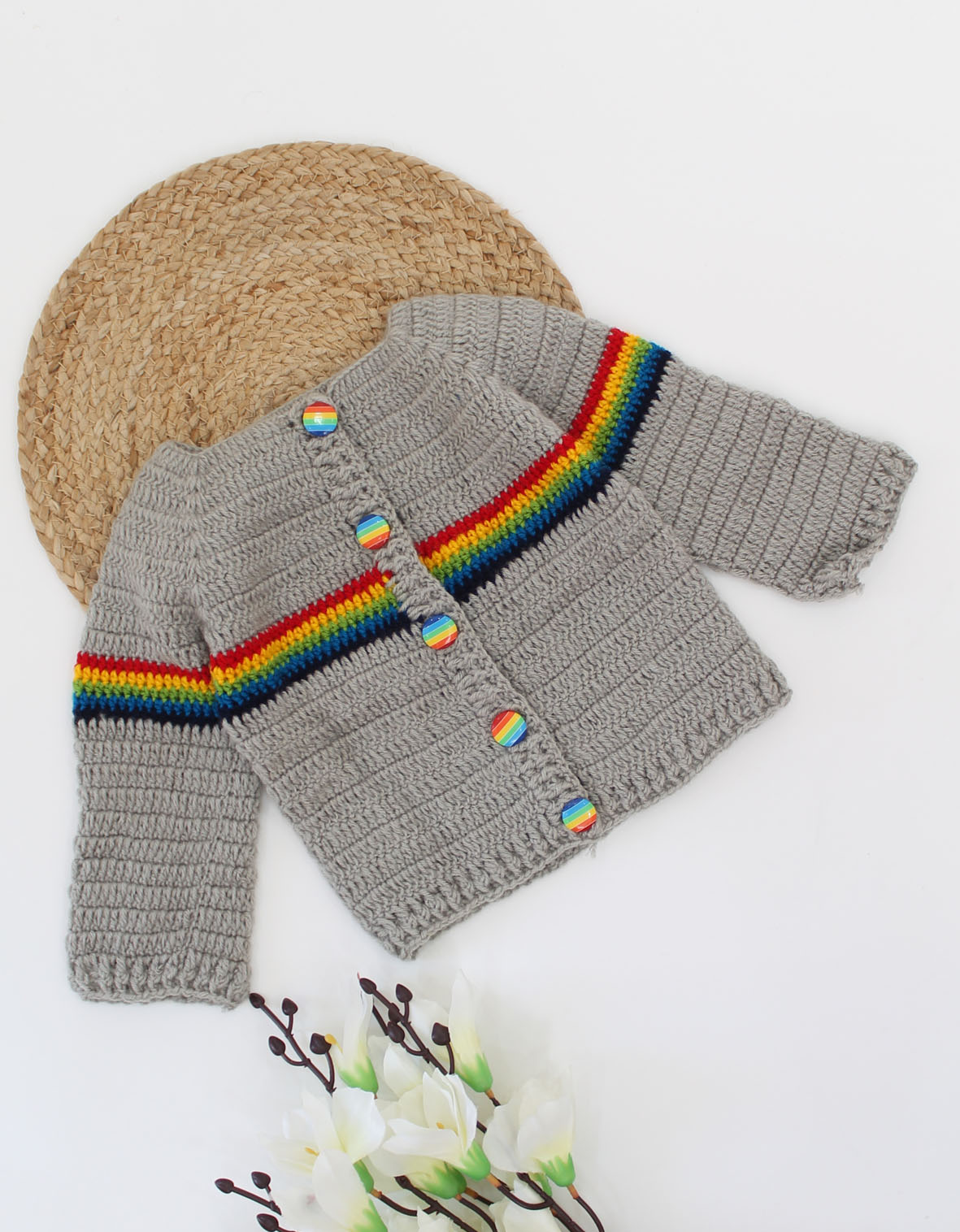 Woonie Full Sleeves Handmade With Multicolour Striped Sweater-Grey