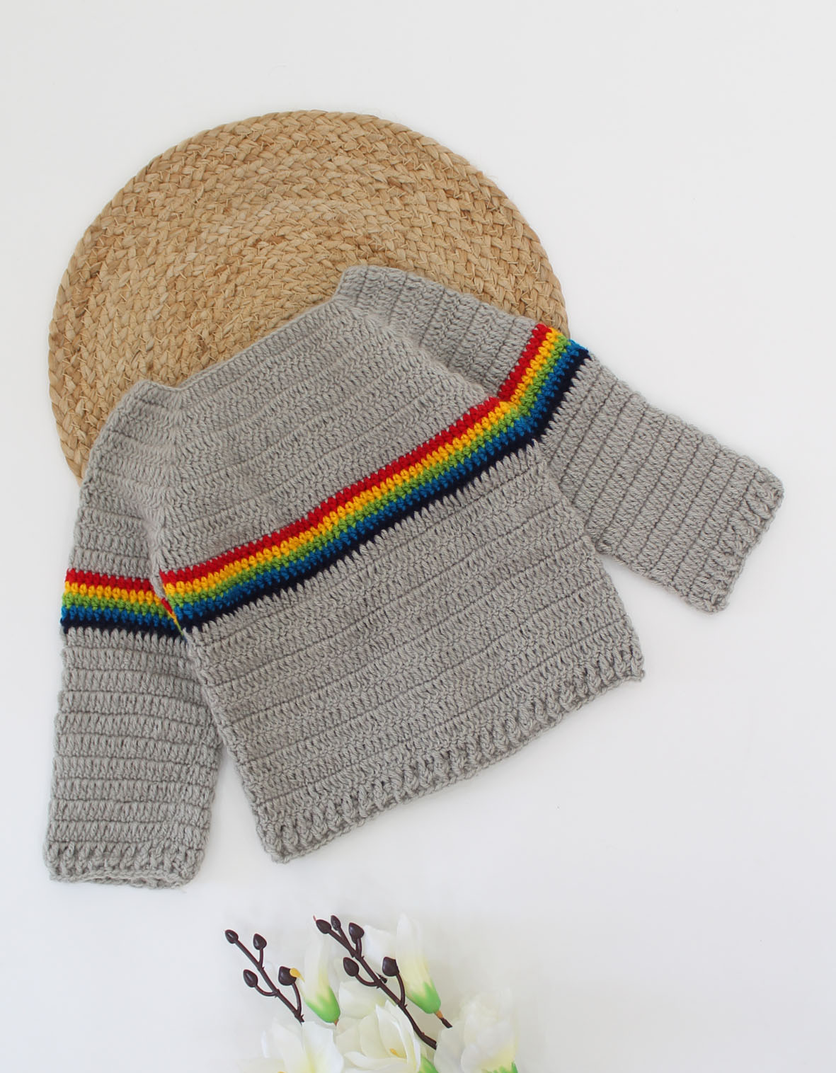 Woonie Full Sleeves Handmade With Multicolour Striped Sweater-Grey