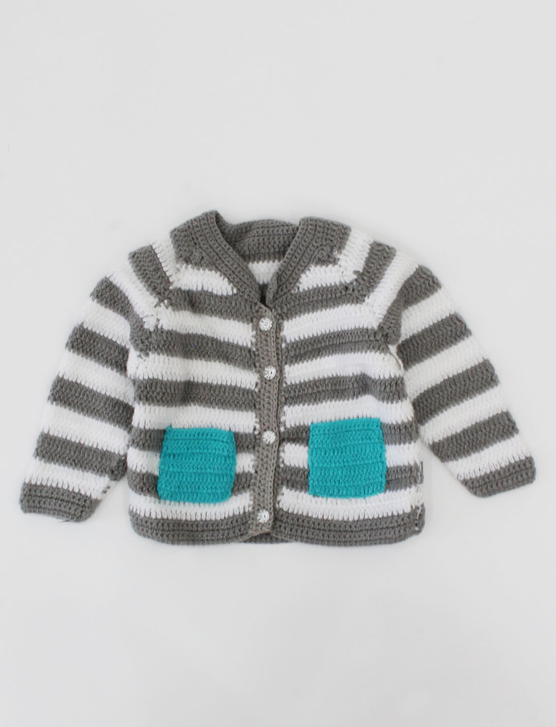 Woonie Full Sleeves Handmade Pocket Detailing Striped Sweater - Grey