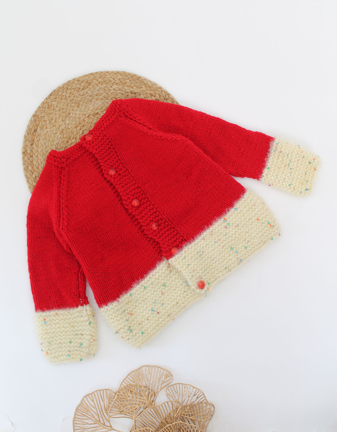 Woonie Handmade Self Design Cardigan With Raglan Sleeves-Red