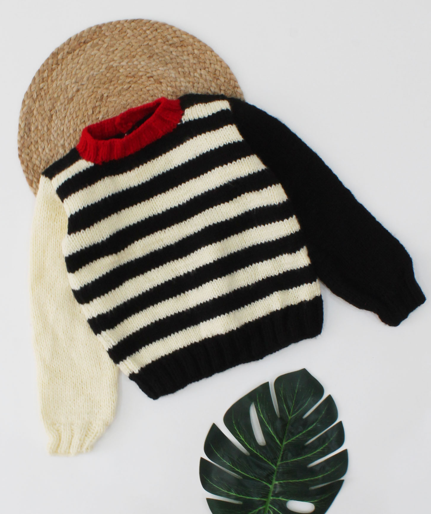 Woonie Handmade Striped sweater With Two Different Colour Sleeves-Black