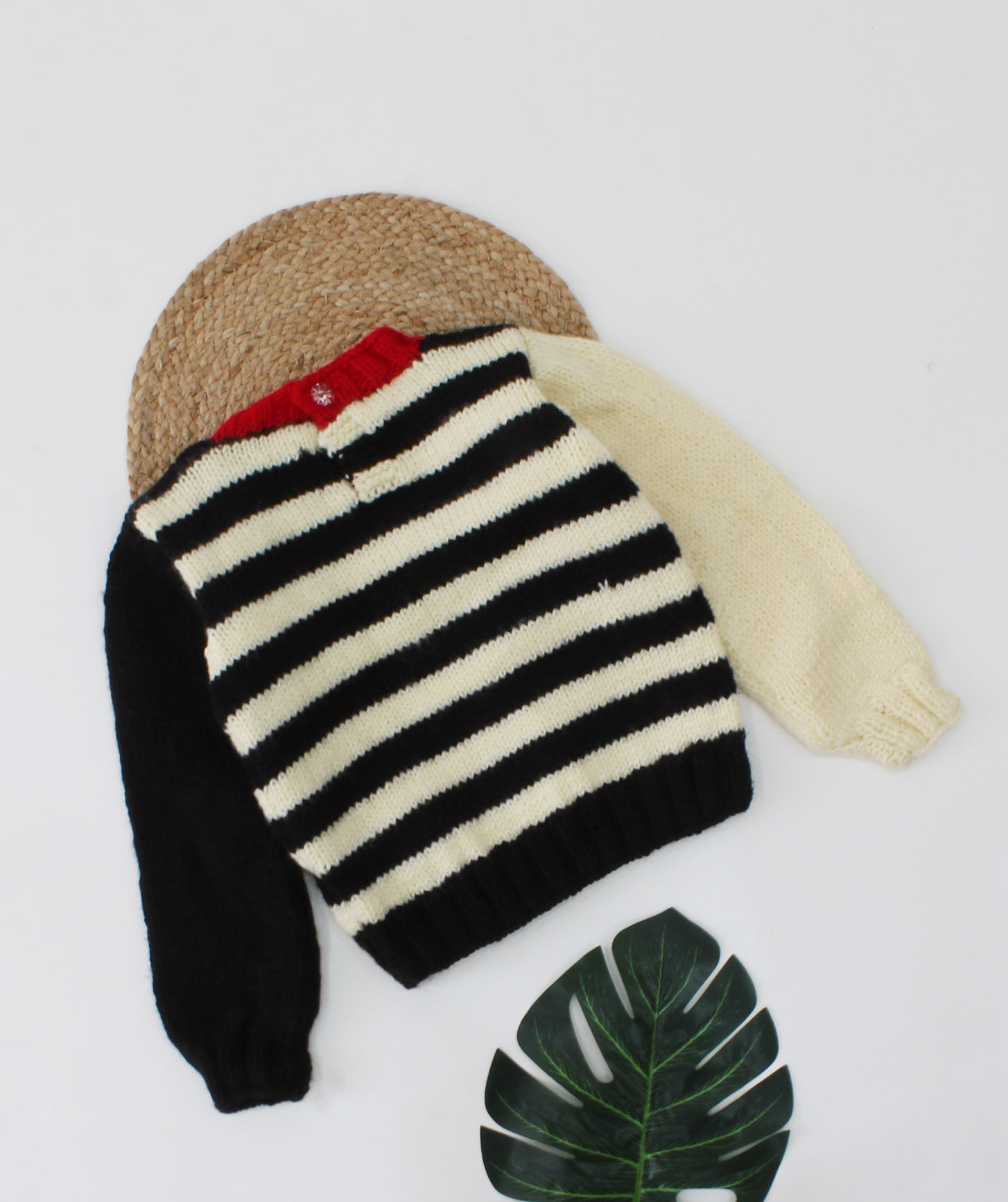Woonie Handmade Striped sweater With Two Different Colour Sleeves-Black