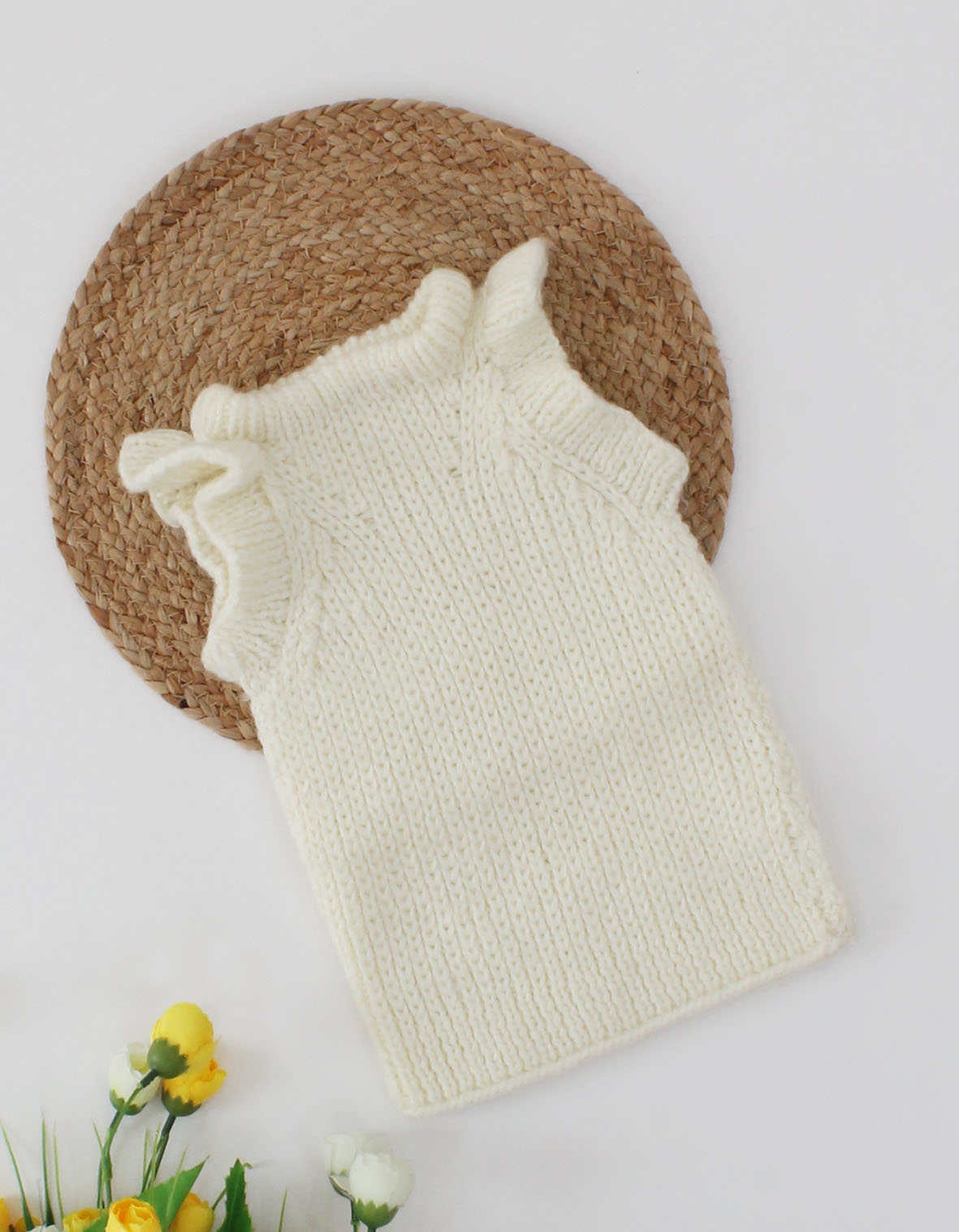 Woonie Handmade Sleeveless Self Design Sweater-Cream