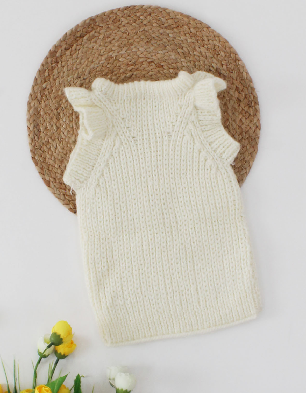 Woonie Handmade Sleeveless Self Design Sweater-Cream