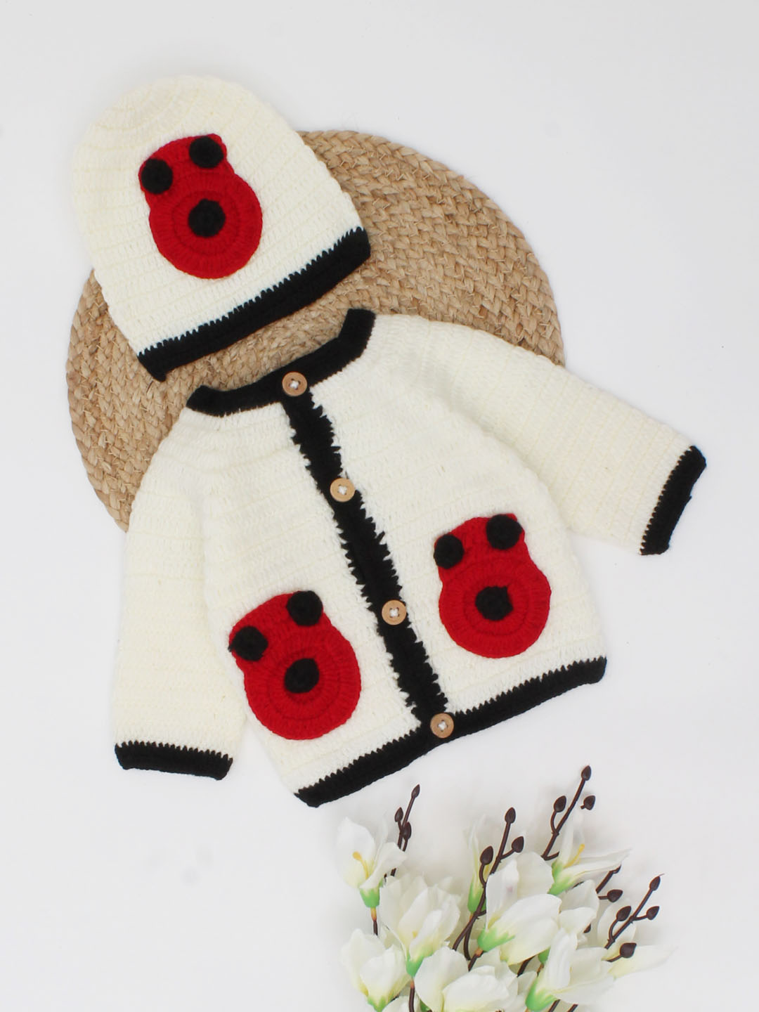 Woonie Handmade Beanie Design Sweater With Cap-Cream