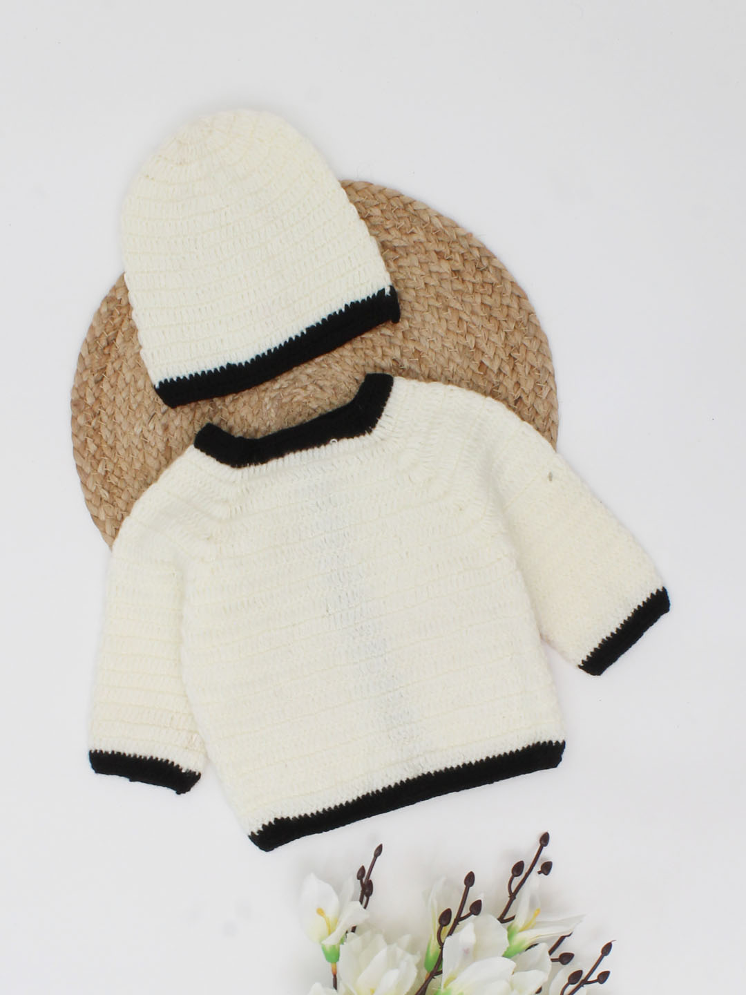Woonie Handmade Beanie Design Sweater With Cap-Cream