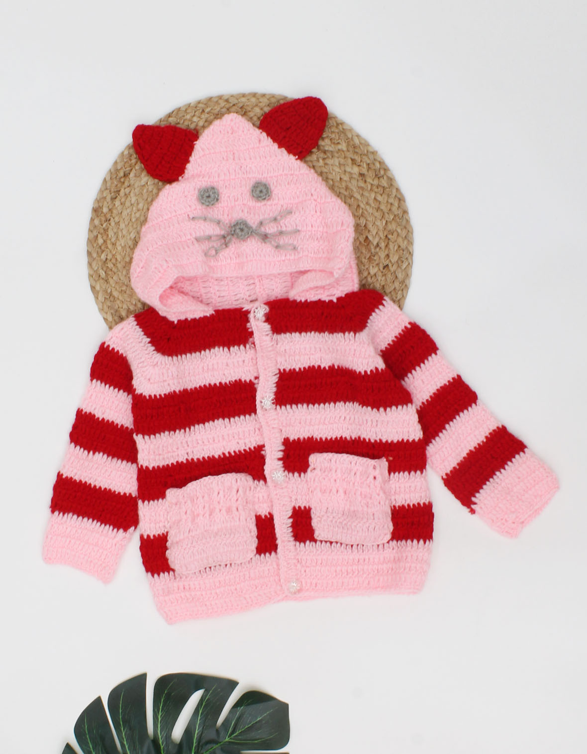 Woonie Handmade Full Sleeves Crochet Striped Pattern Hooded Sweater-Pink