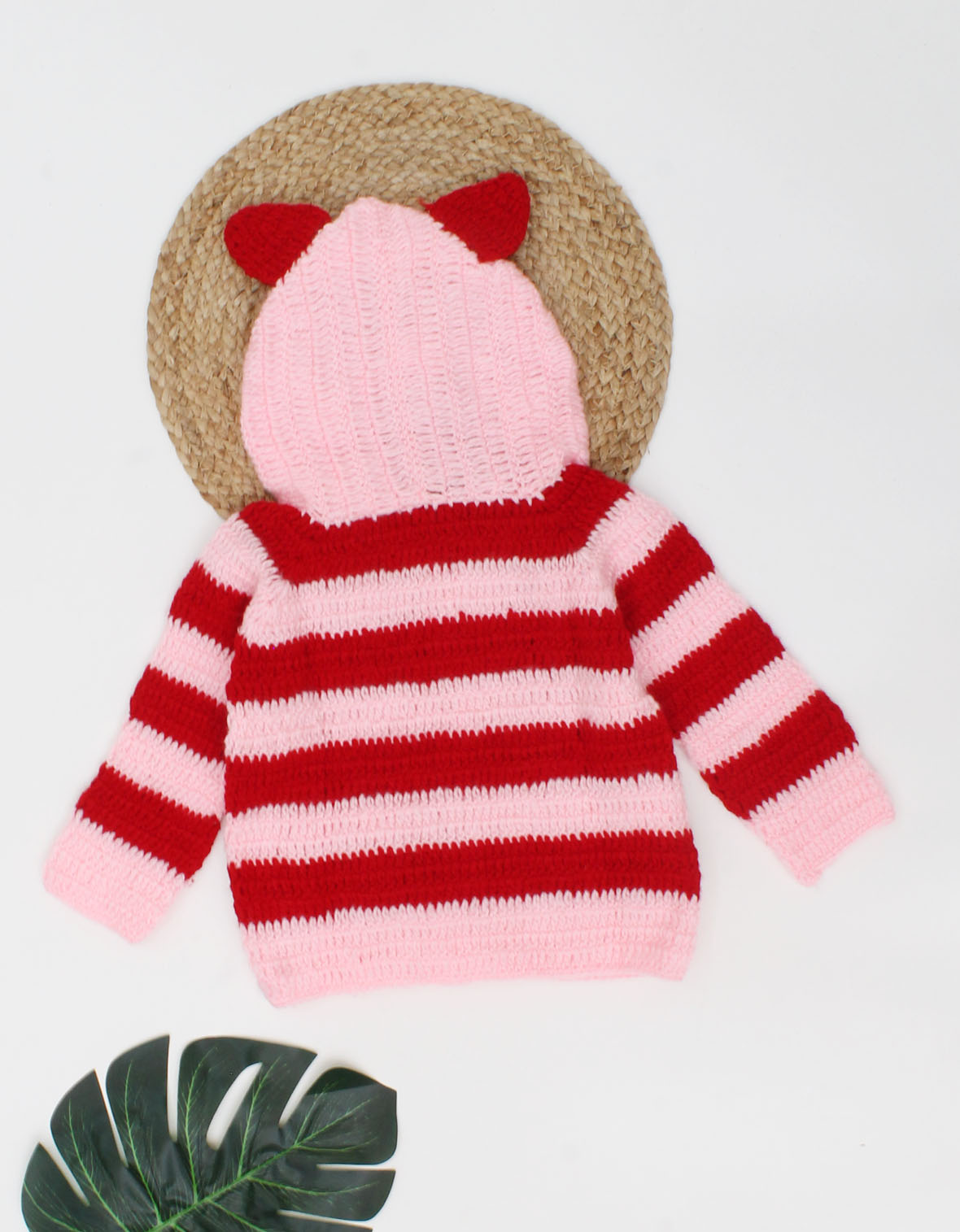Woonie Handmade Full Sleeves Crochet Striped Pattern Hooded Sweater-Pink