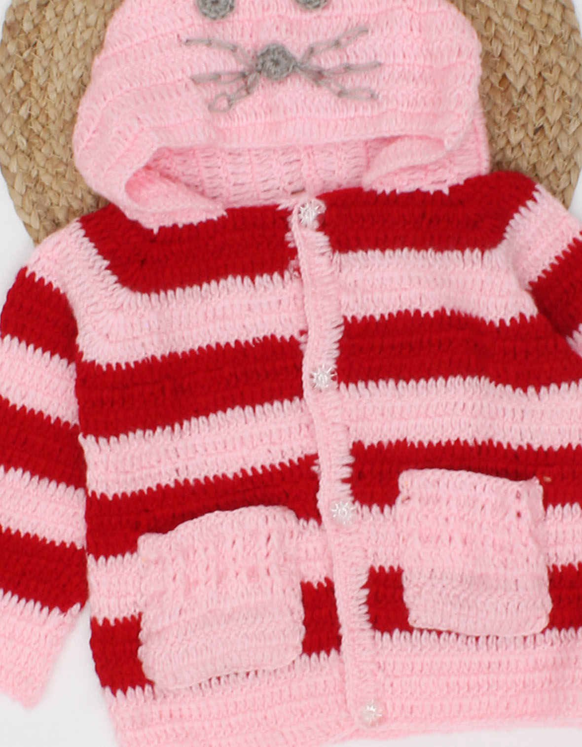 Woonie Handmade Full Sleeves Crochet Striped Pattern Hooded Sweater-Pink