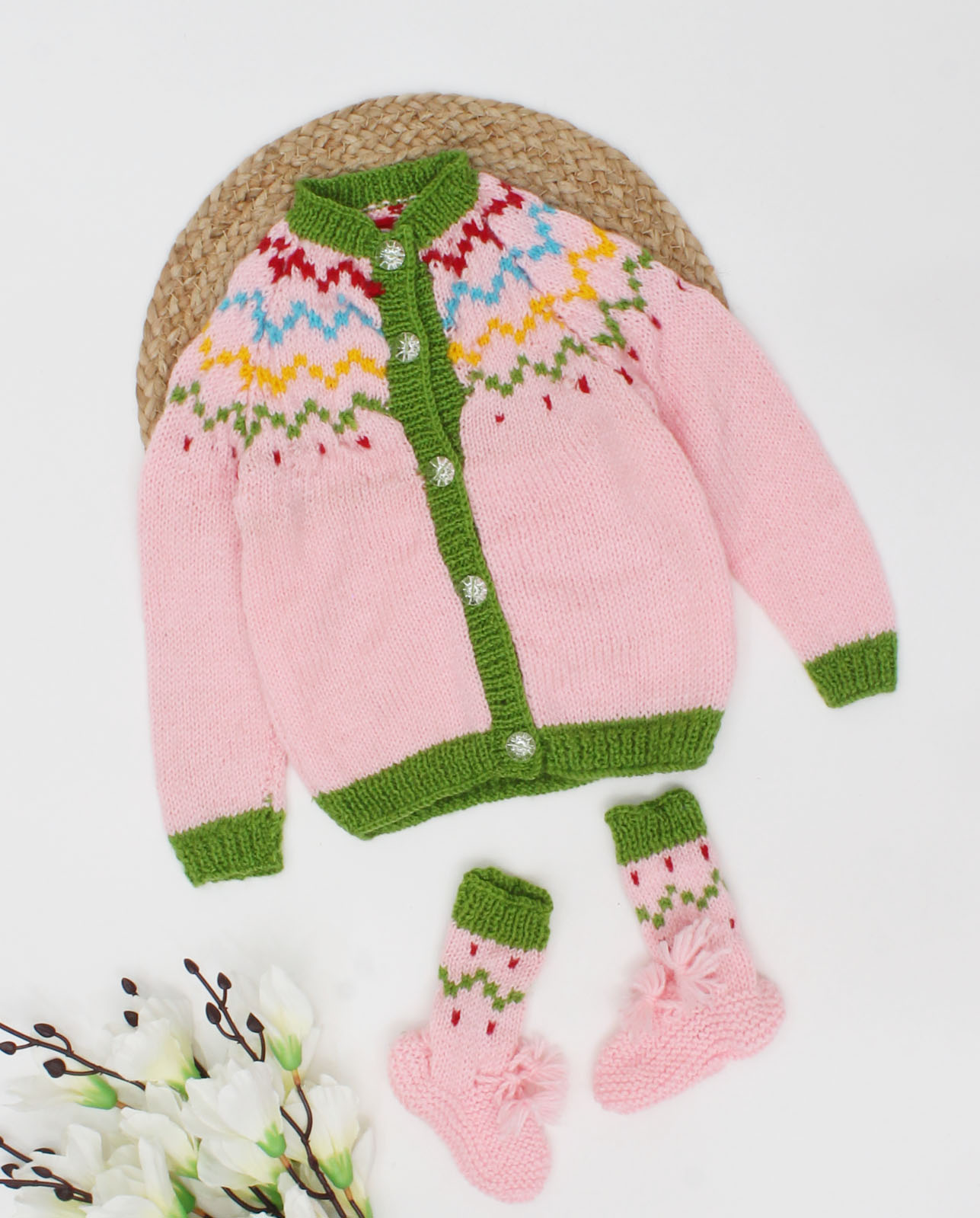 Woonie Handmade Full Sleeves Self Design Knitted Sweater With Booties-Pink