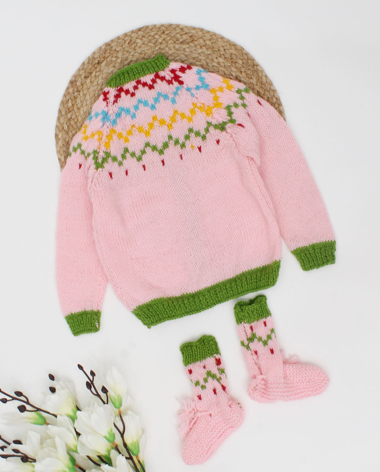 Woonie Handmade Full Sleeves Self Design Knitted Sweater With Booties-Pink