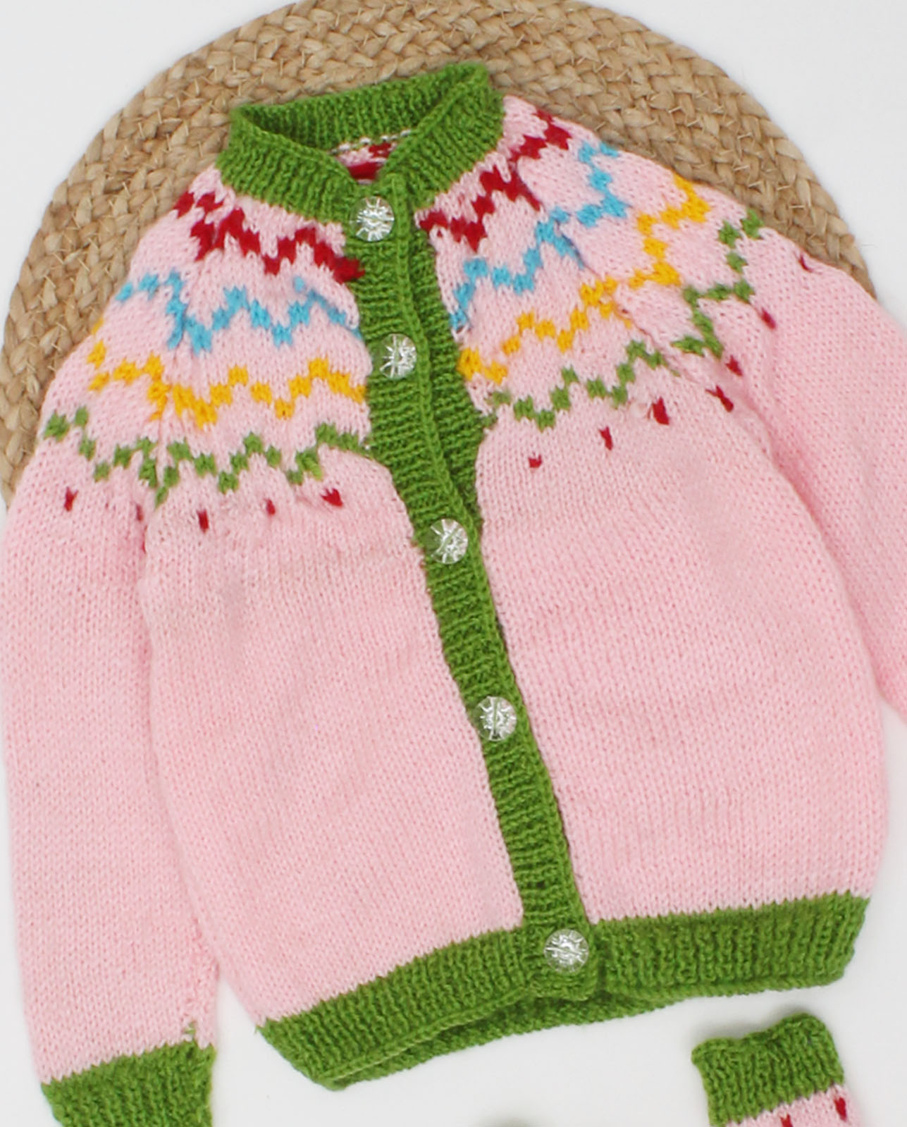Woonie Handmade Full Sleeves Self Design Knitted Sweater With Booties-Pink