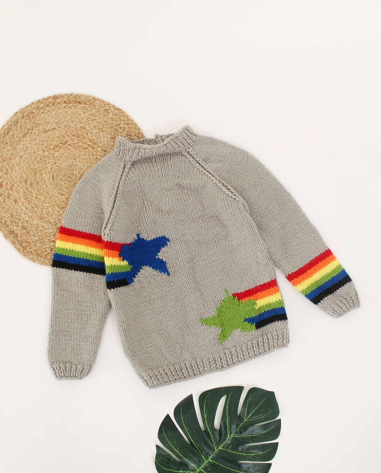 Woonie Handmade Full Sleeves Multicolor Striped Pattern With Star Design Sweater-Grey