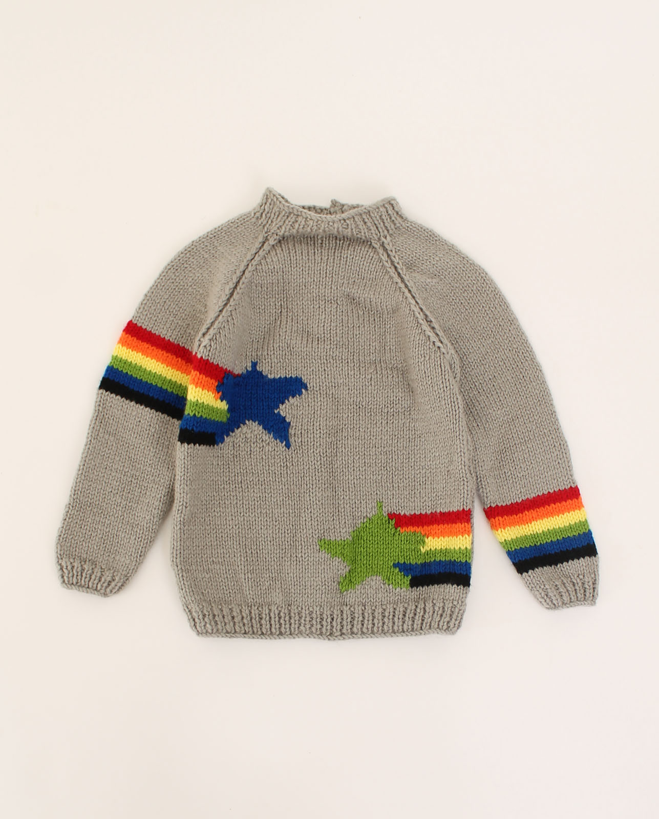 Woonie Handmade Full Sleeves Multicolor Striped Pattern With Star Design Sweater-Grey
