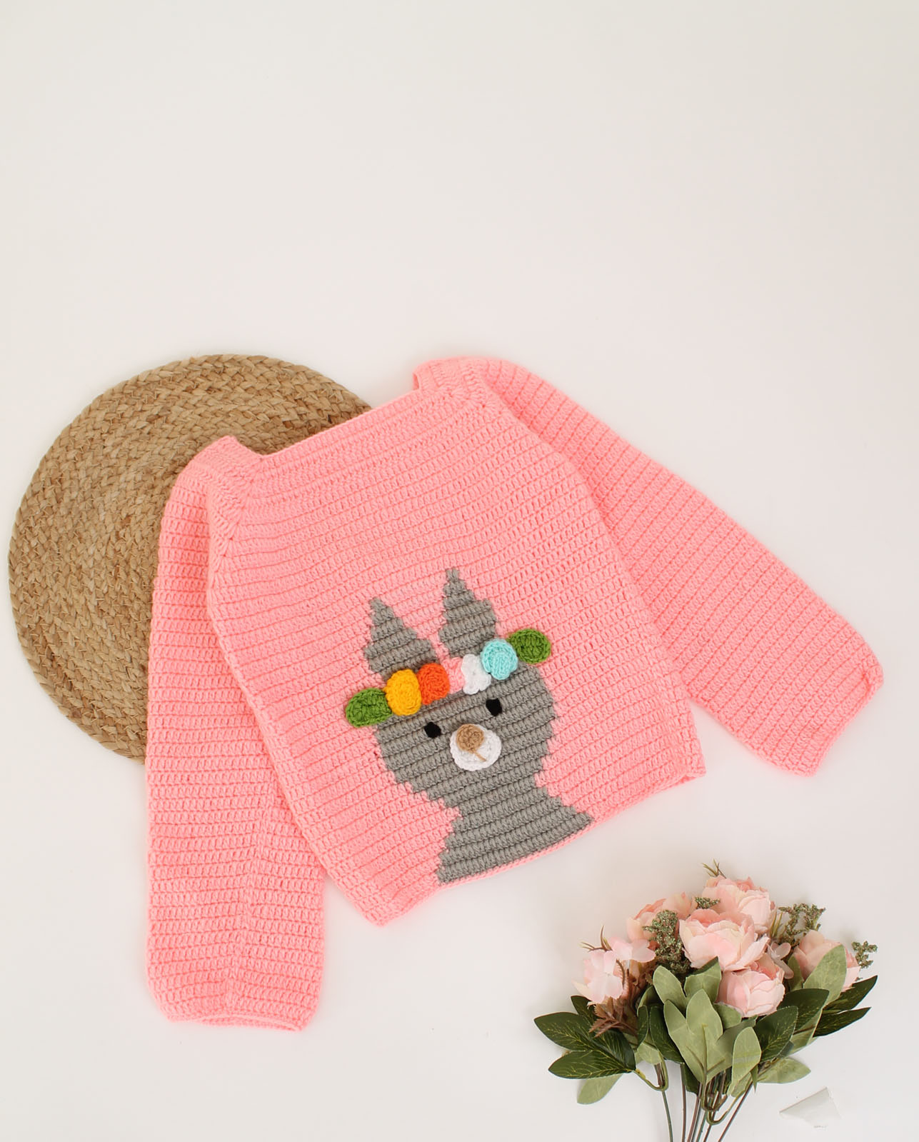 Woonie Full Sleeves Crochet Beanie Design Sweater-Peach