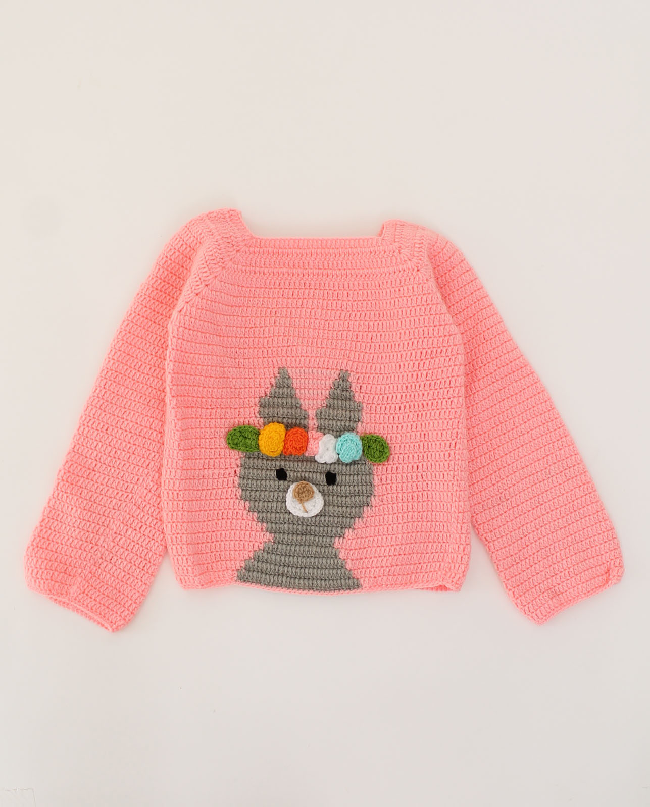 Woonie Full Sleeves Crochet Beanie Design Sweater-Peach