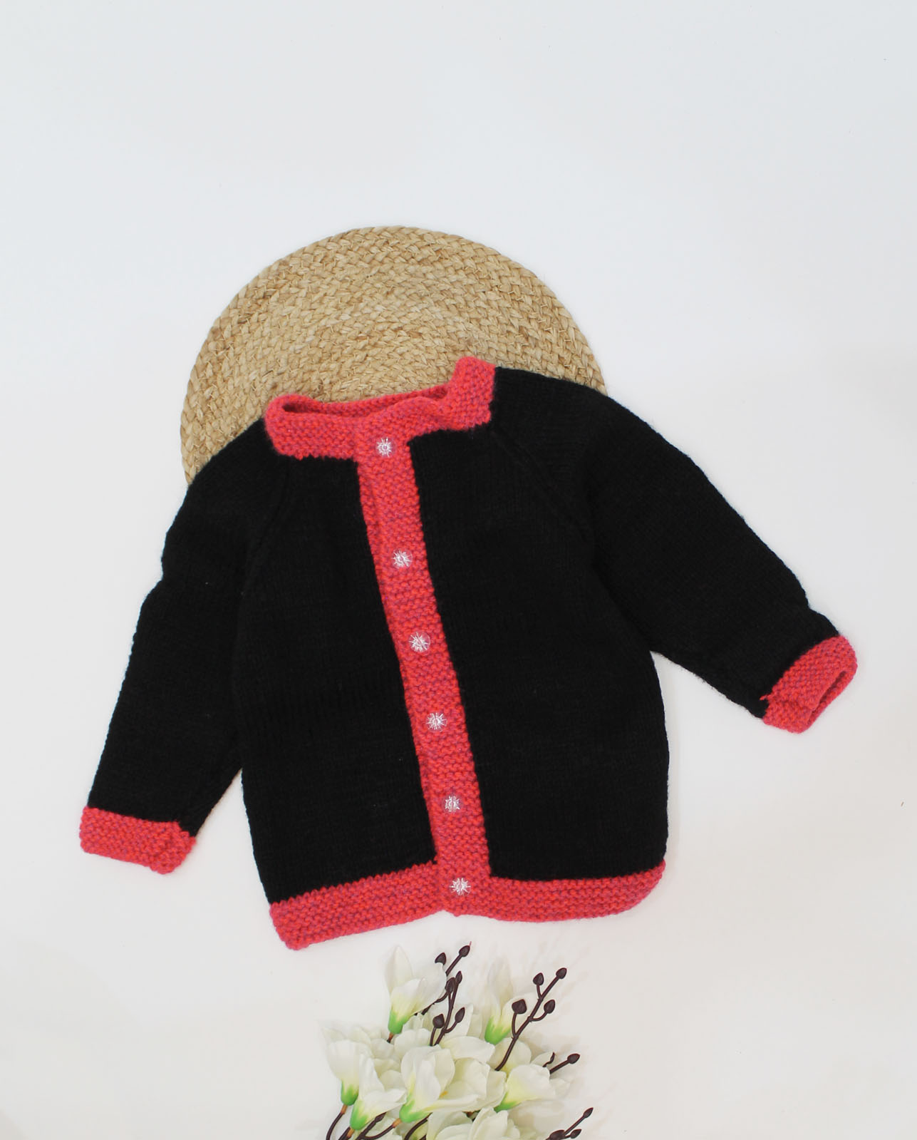 Woonie Handmade Full Sleeves Self Design Knitted Front Openable Cardigan-Black